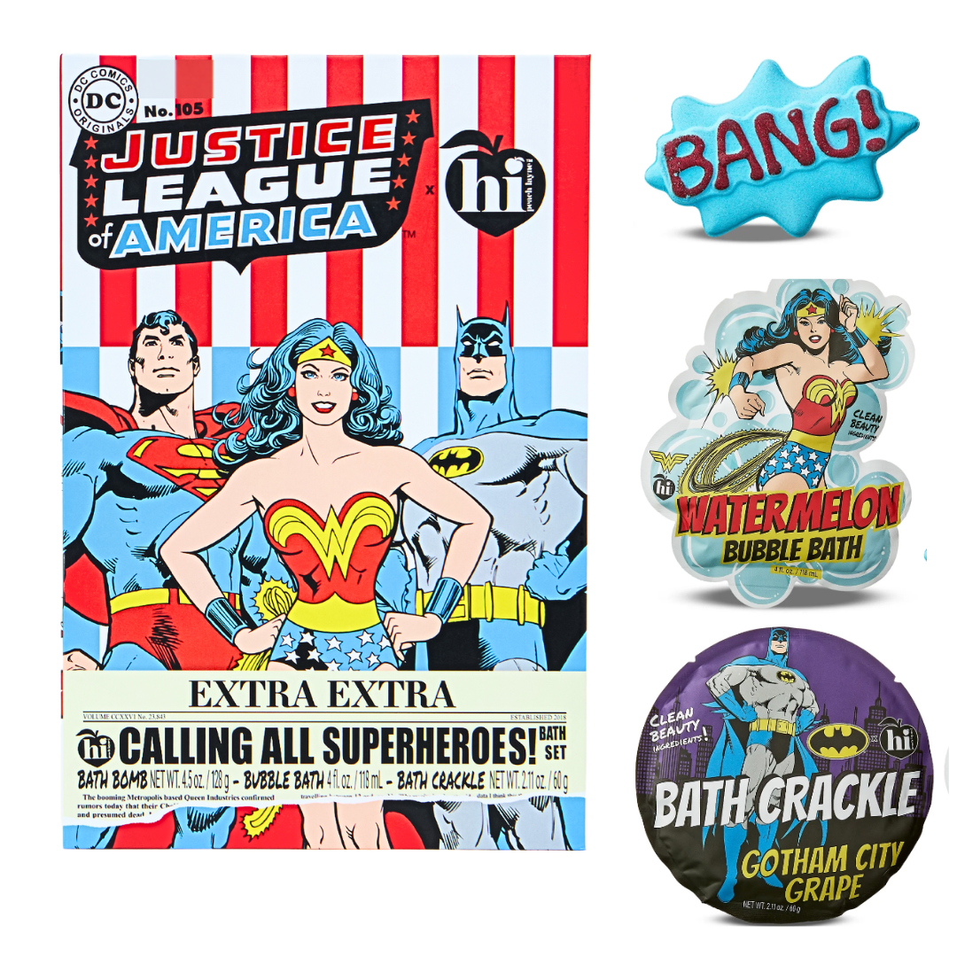 Hi Peach Layne X DC Calling All Superheroes Bath Fizzies Set with Bath Bomb (4.5oz), Bubble Bath (4 fl oz) & Bath Crackle (2.11oz) Hi Peach Layne