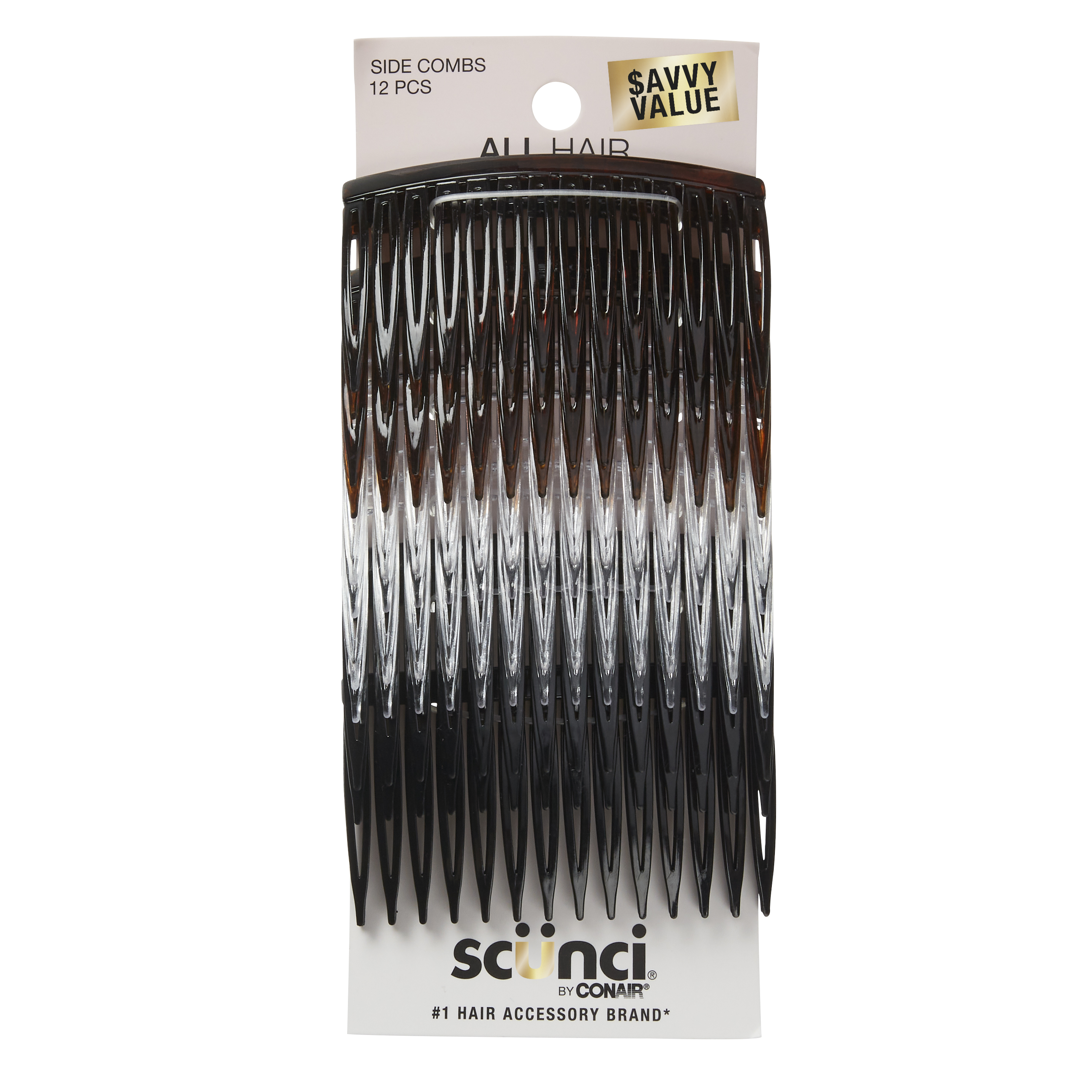 Scunci Plastic Side Hair Combs, Black, Clear, and Tortoise Shell, 12 Ct SCUNCI