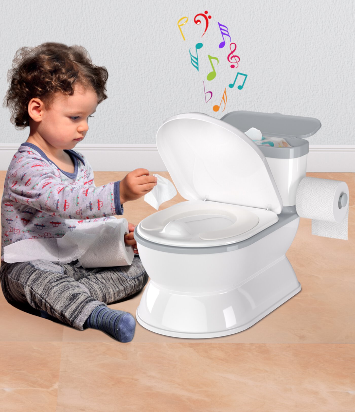 Inodoro de Entrenamiento Realista para Ir Al Baño para Bebés para Niños y Niños Pequeños con Sonidos de Descarga, Protector contra Salpicaduras (Gris) Obee Odee