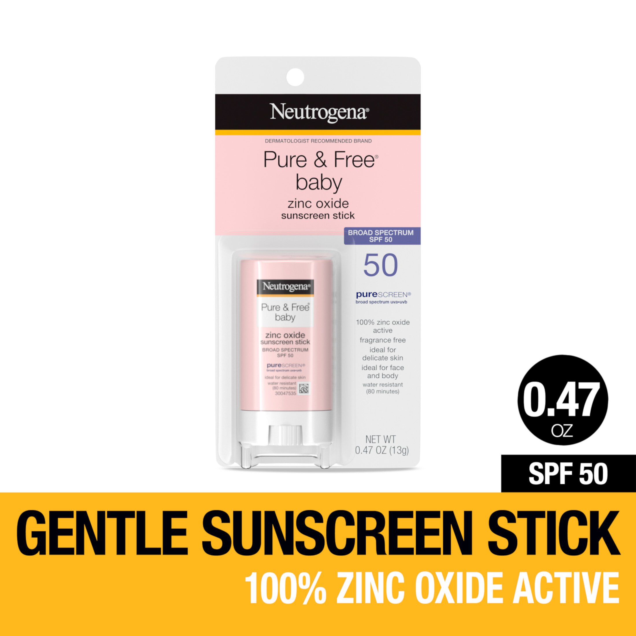 Neutrogena Pure & Free Baby Mineral Sunscreen Stick, SPF 50, 0.47 oz Neutrogena