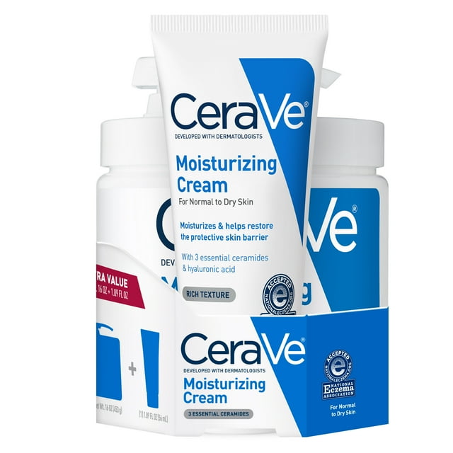 CeraVe Moisturizing Cream Bundle, 16 oz Pump Jar & 1.89 oz Travel size for Normal to Very Dry Skin CeraVe