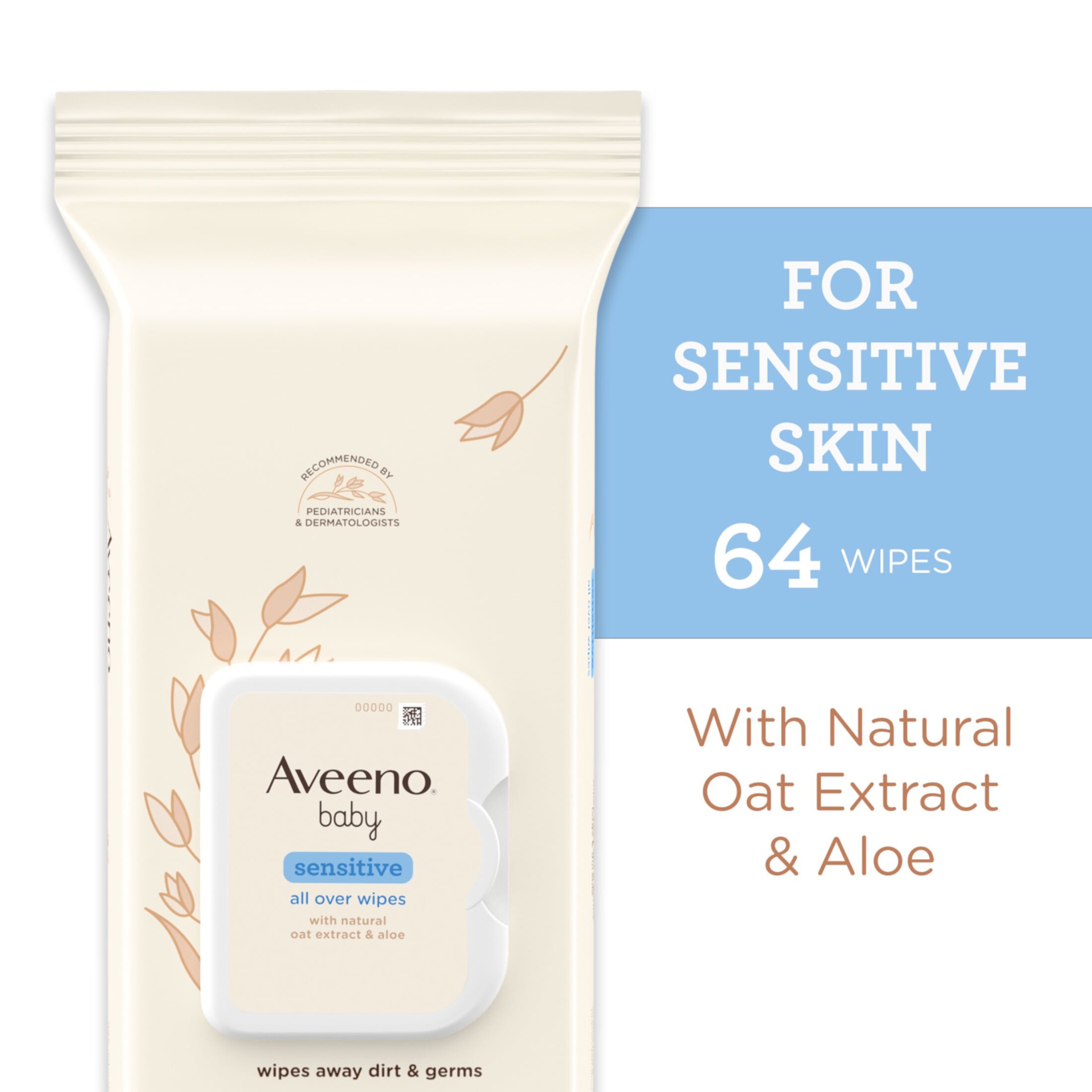 (2 pack) Aveeno Baby All Over Baby Wipes For Sensitive Skin with Oat and Aloe, Alcohol Free & Unscented, 64 Ct Aveeno