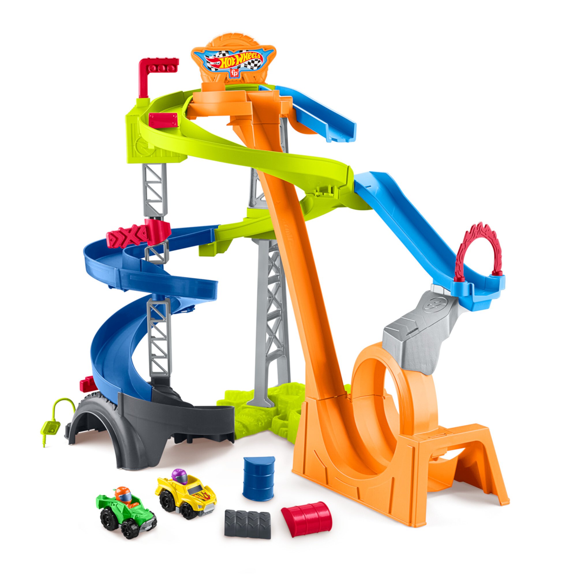 Little People Hot Wheels Spiral Stunt Speedway Race Track Playset, 2 Toy Cars, Child 1-5 Years Little People