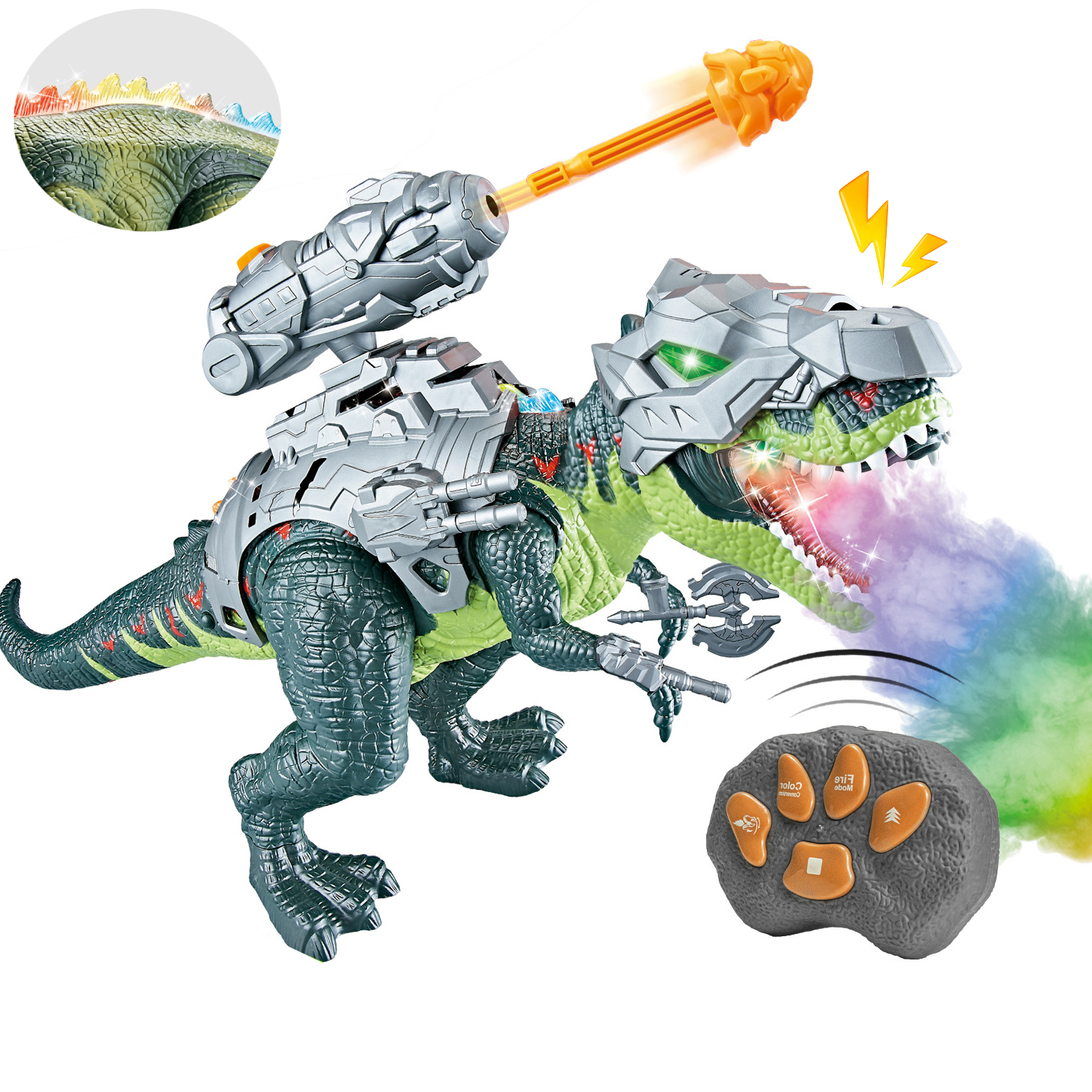 Dinosaurio con Control Remoto, Juguete Grande de Dinosaurio Caminante con Spray de Siete Colores y Sonidos Realistas, con Mecanismos y Armas, Tiranosaurio Rex Caminante para Niños de 5 a 7 Años, Regalos para Cumpleaños O Navidad Yuanjian