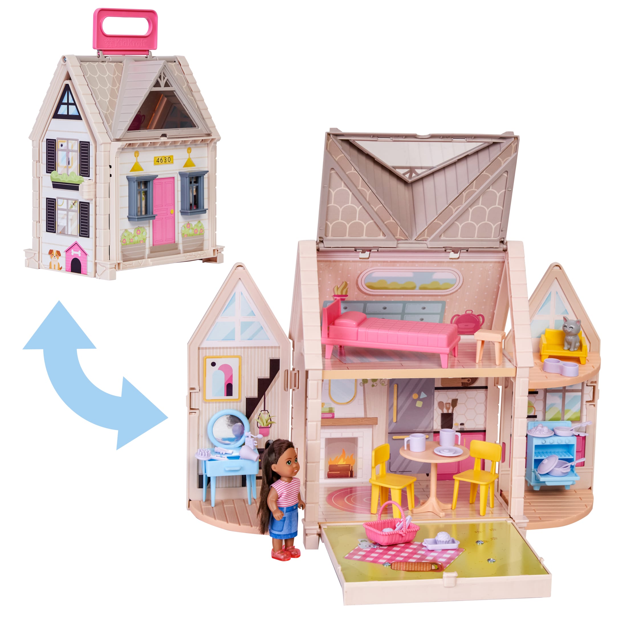 KidKraft Tote-ables™ Portable Cottage Dollhouse with Doll Included, Storage, 30 Accessories KidKraft