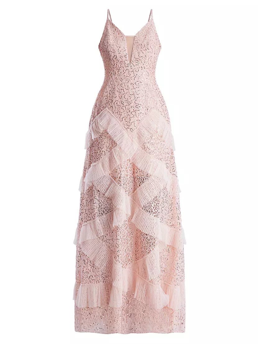 Женское Повседневное Платье BCBGMAXAZRIA Embellished Lace Ruffle Gown BCBGMAXAZRIA