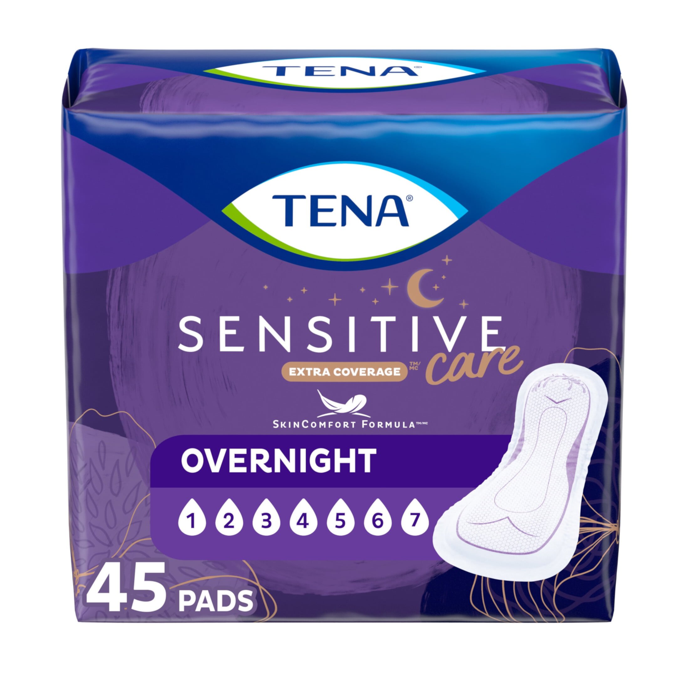 Tena Sensitive Care Extra Coverage Overnight Incontinence Pads, 45 Count Tena