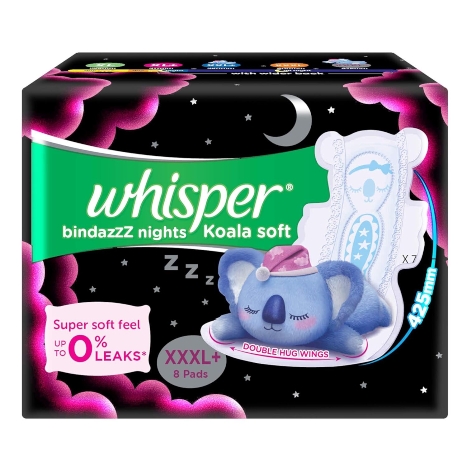 Whisper Bindazzz Nights Toallas Sanitarias Suaves Koala - XXXL+, 8 Pzas Whisper