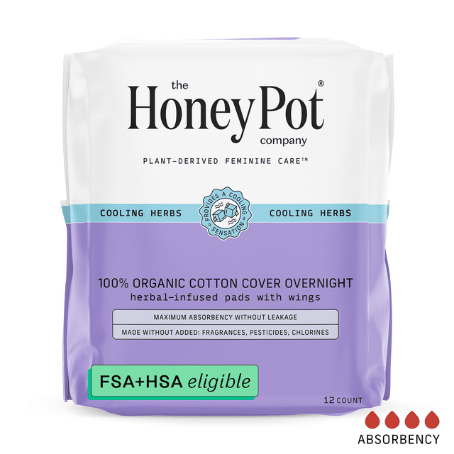 The Honey Pot Company, Herbal Overnight Pads with Wings, Organic Cotton Cover, 12 ct. The Honey Pot Company