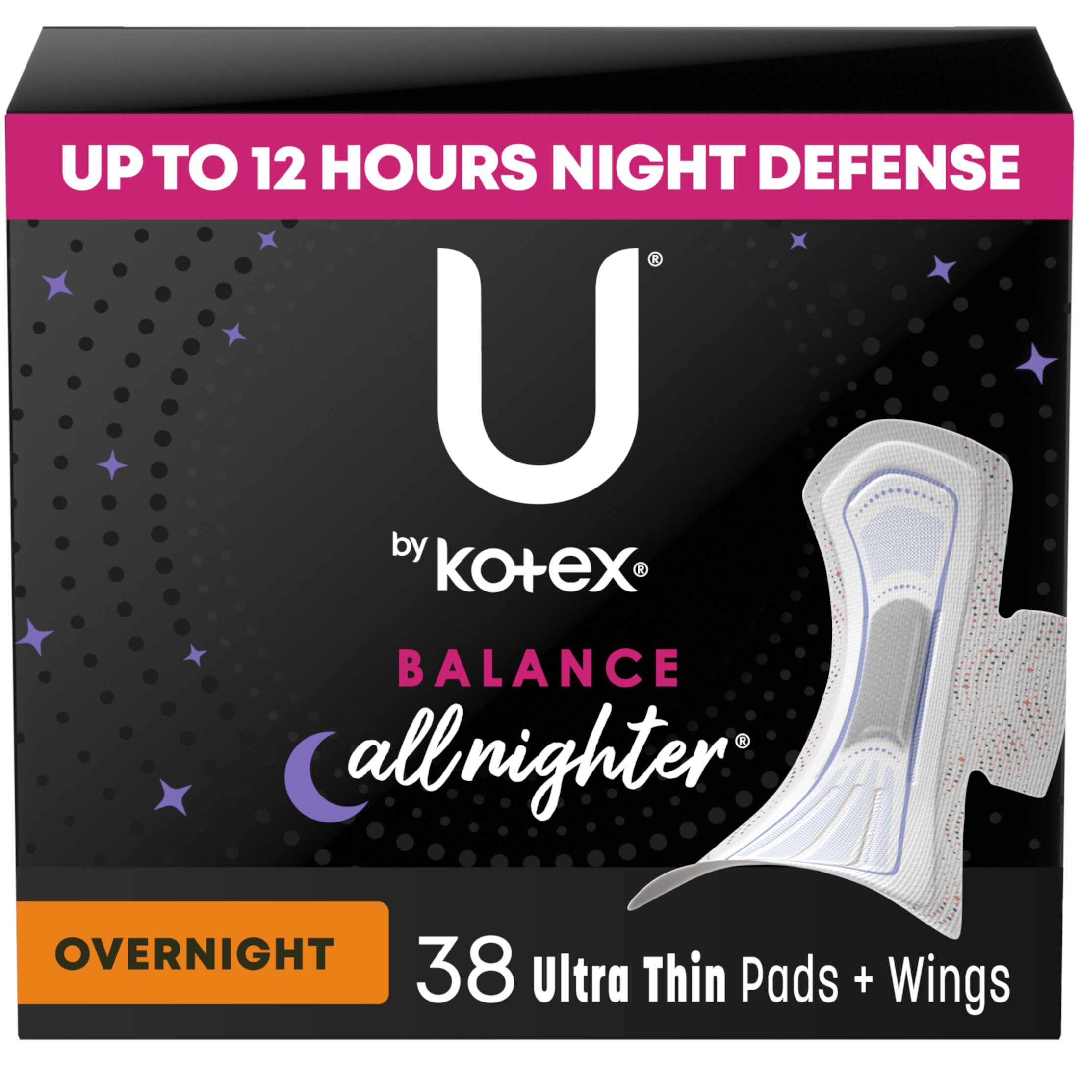 U by Kotex Balance Ultra Thin Overnight Pads with Wings, 38 Ct Kotex