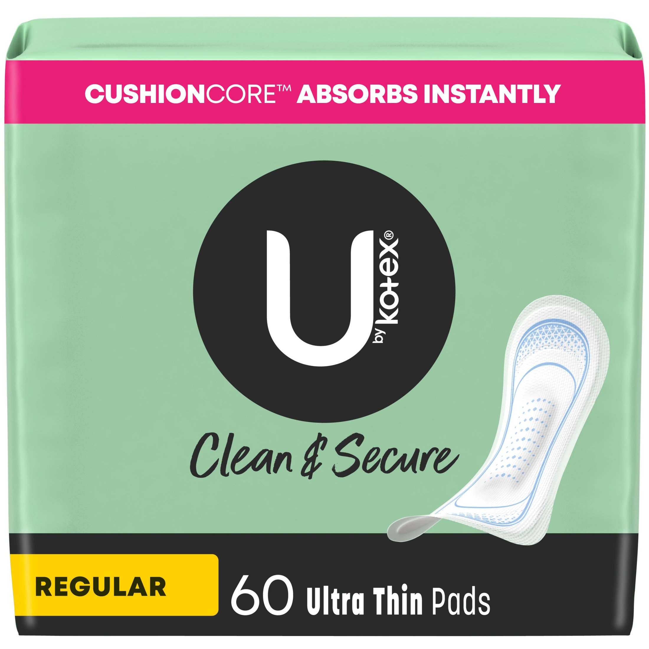 U by Kotex Clean & Secure Ultra Thin Pads, Regular Absorbency, 60 Count Kotex