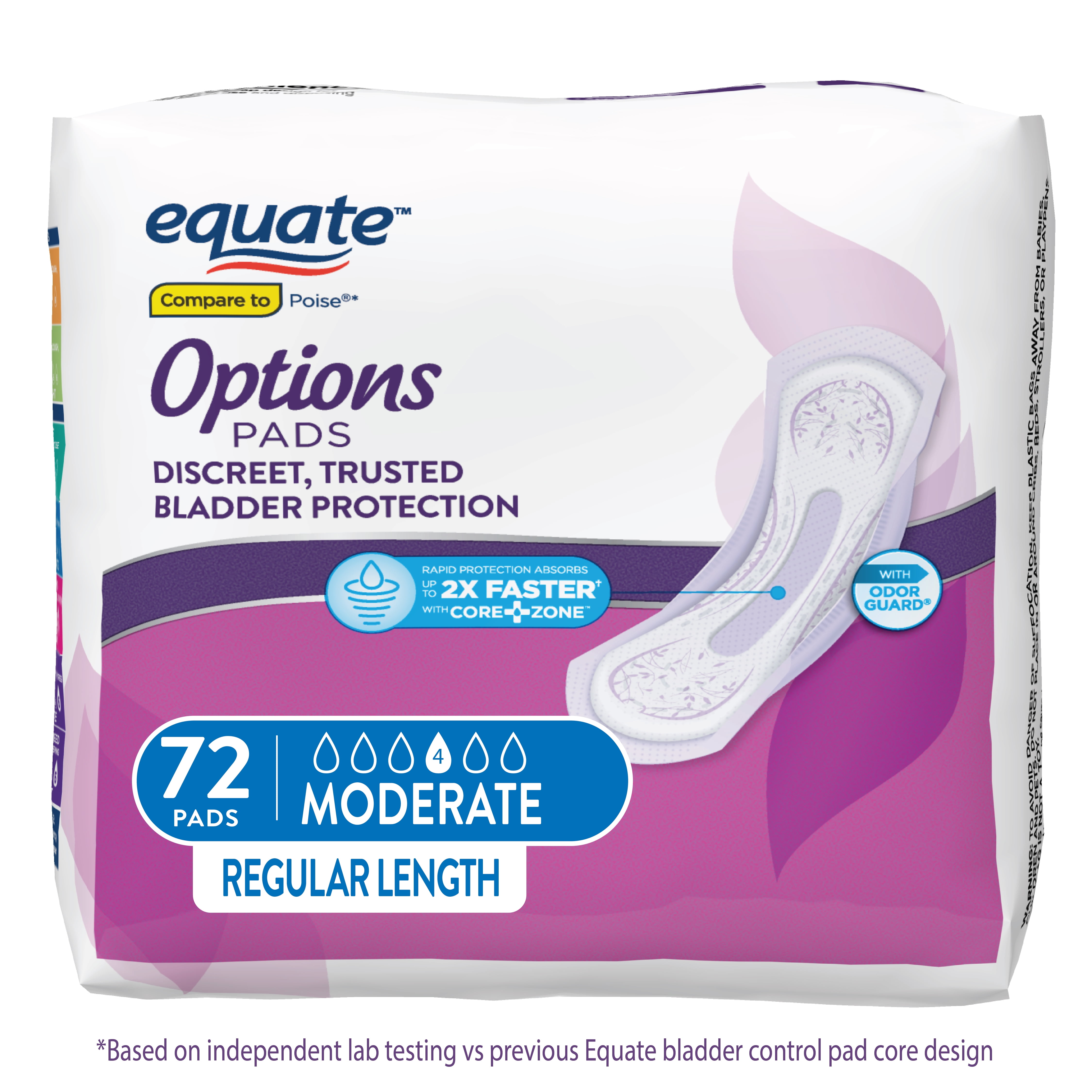 Equate Options Women's Moderate-Regular Incontinence Pads, 72 Count Equate