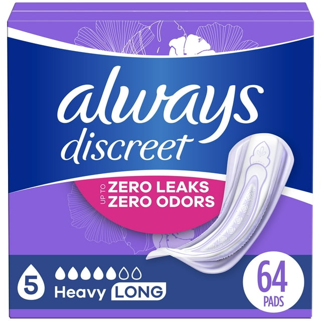 Always Discreet Incontinence Pads, Heavy Absorbency, Long Length, Lightly Scented 64 CT Always Discreet