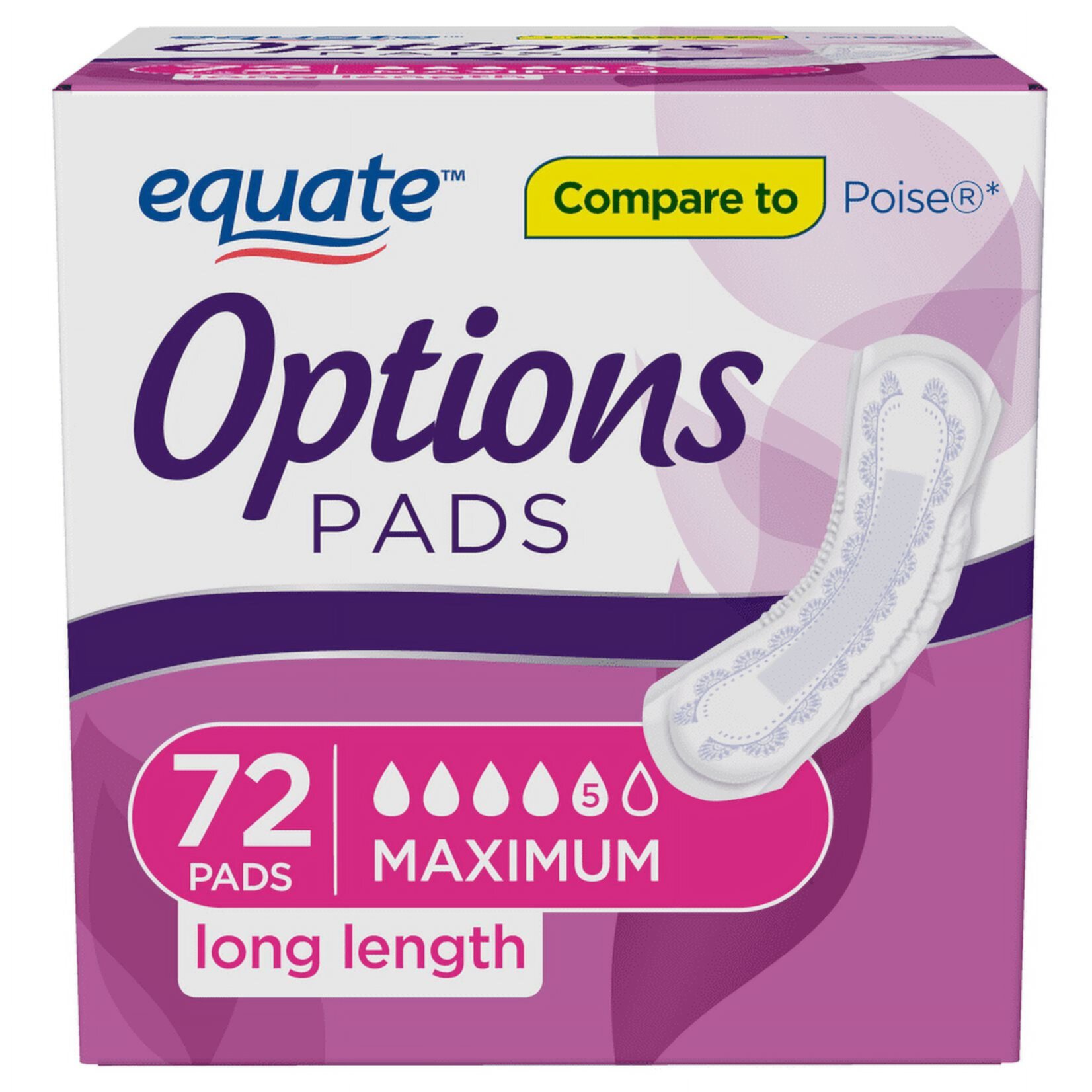 Equate Options Women's Incontinence Pads, Maximum Absorbency, Long Length (72 Count) Equate