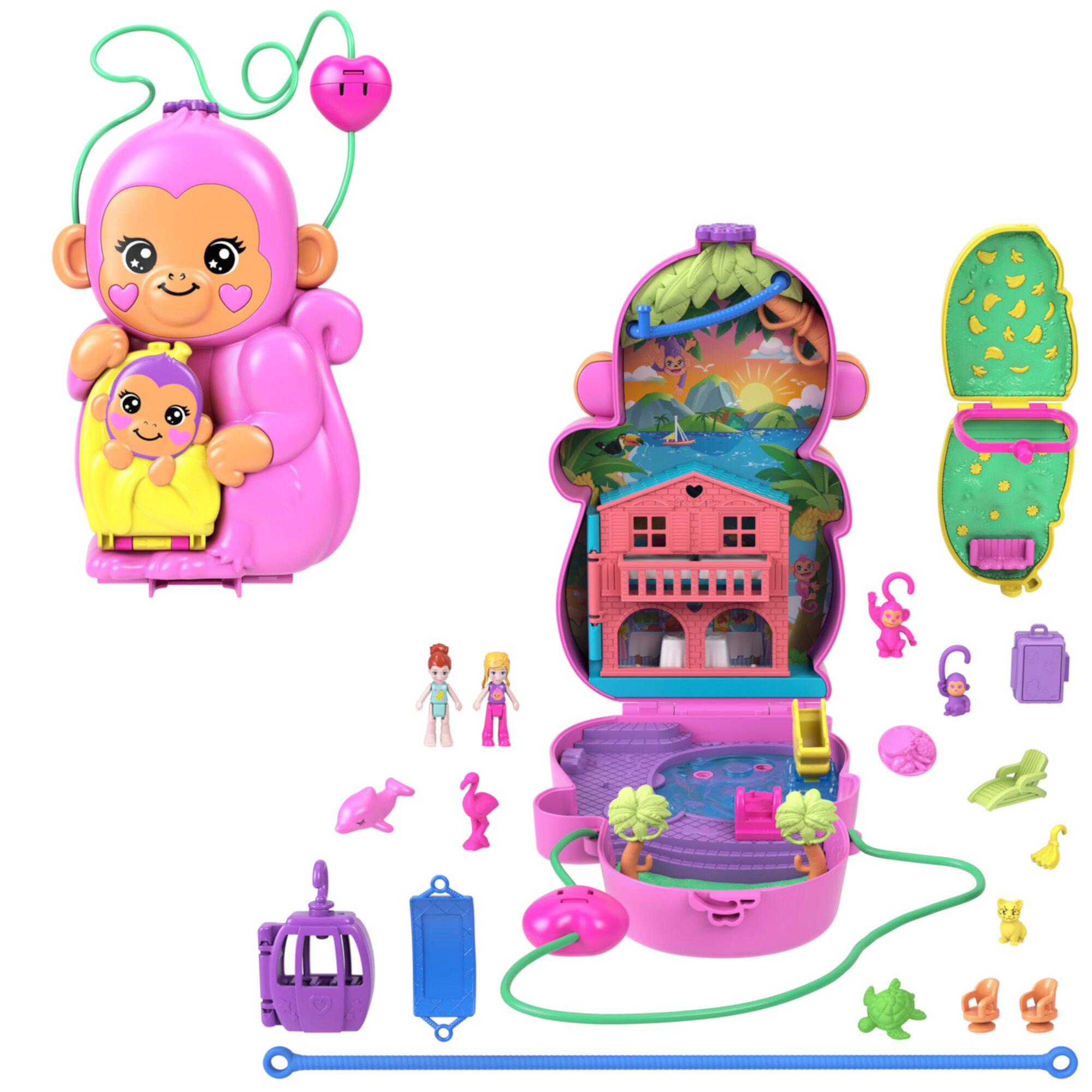 Polly Pocket Momma Monkey & Baby Playset with 2 Micro Dolls, Pets & 13 Accessories, 2-in-1 Purse & Toy Polly Pocket