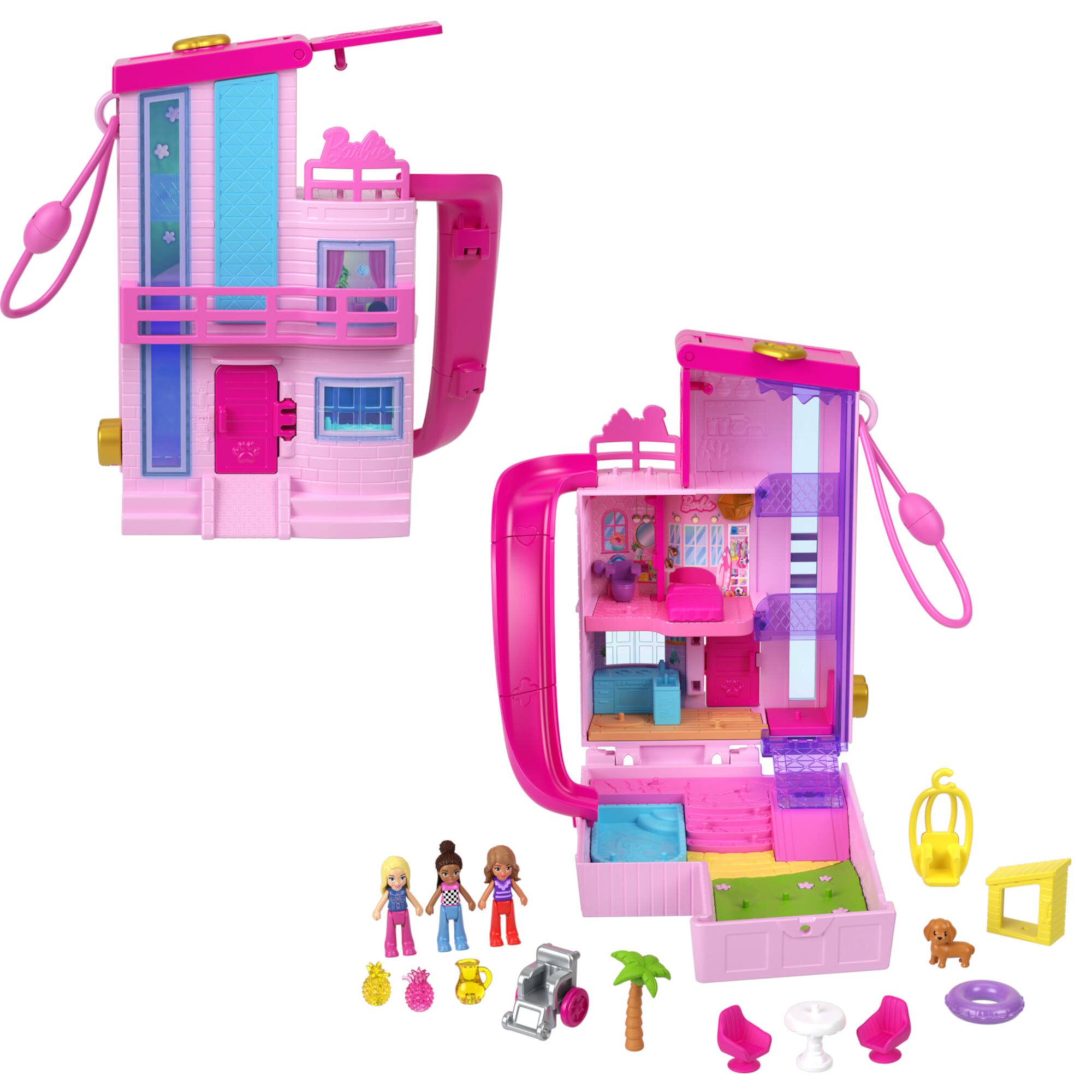 Polly Pocket Barbie Dreamhouse Compact, Dollhouse Playset with 3 Micro Dolls, 1 Pet & 11 Accessories Polly Pocket