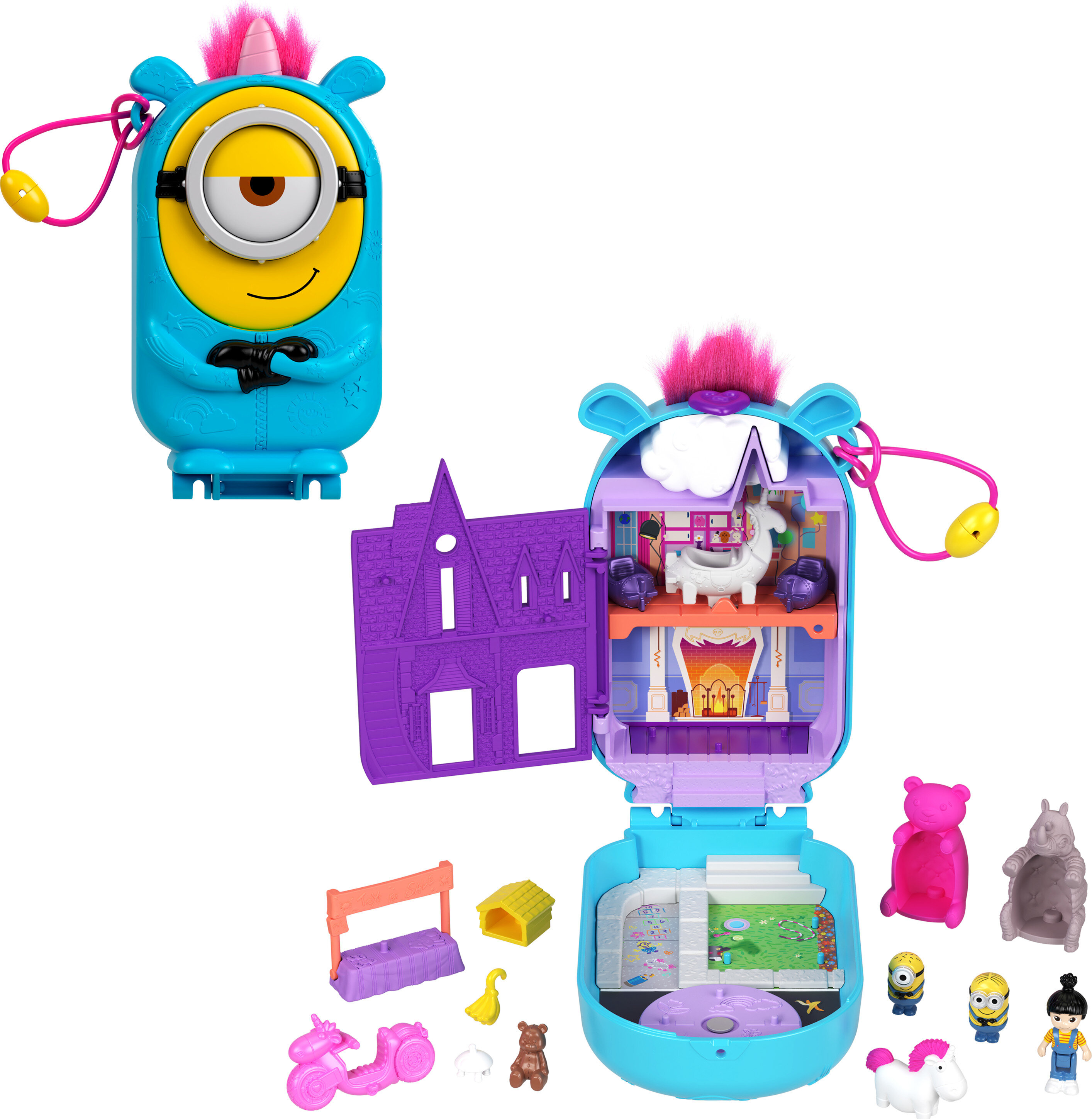 Polly Pocket Playset, Minions Compact with 9 Accessories, 1 Doll, 2 Minions and Unicorn Toy Polly Pocket