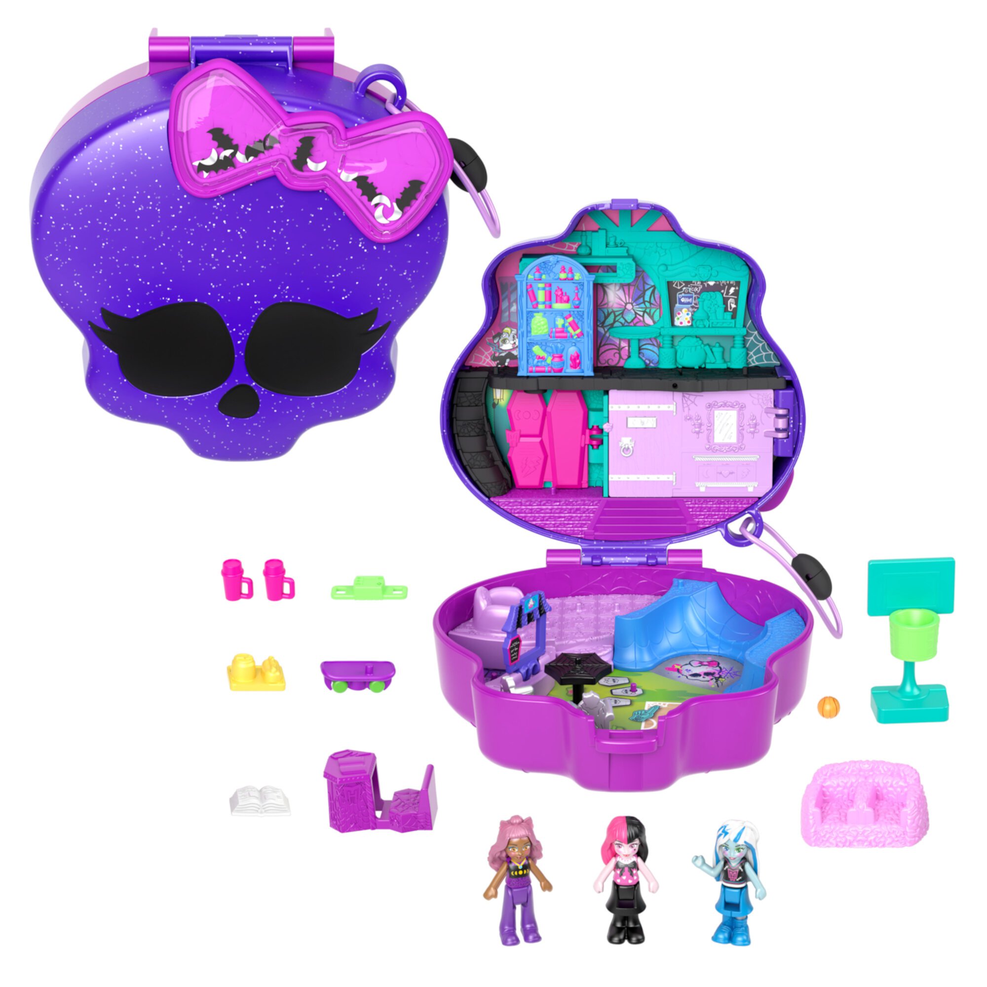 Polly Pocket Monster High Compact with 3 Micro Dolls & 10 Accessories, Opens to High School Polly Pocket