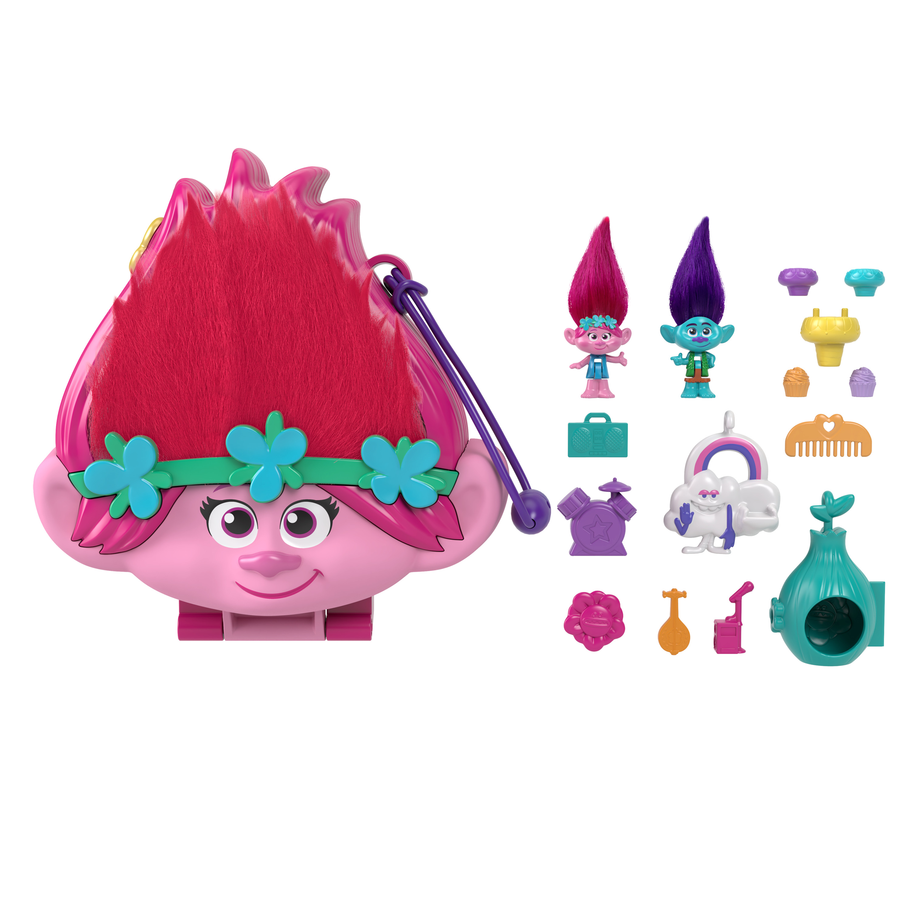 Polly Pocket & Dreamworks Trolls Compact Playset With Poppy & Branch Dolls & 13 Accessories Polly Pocket