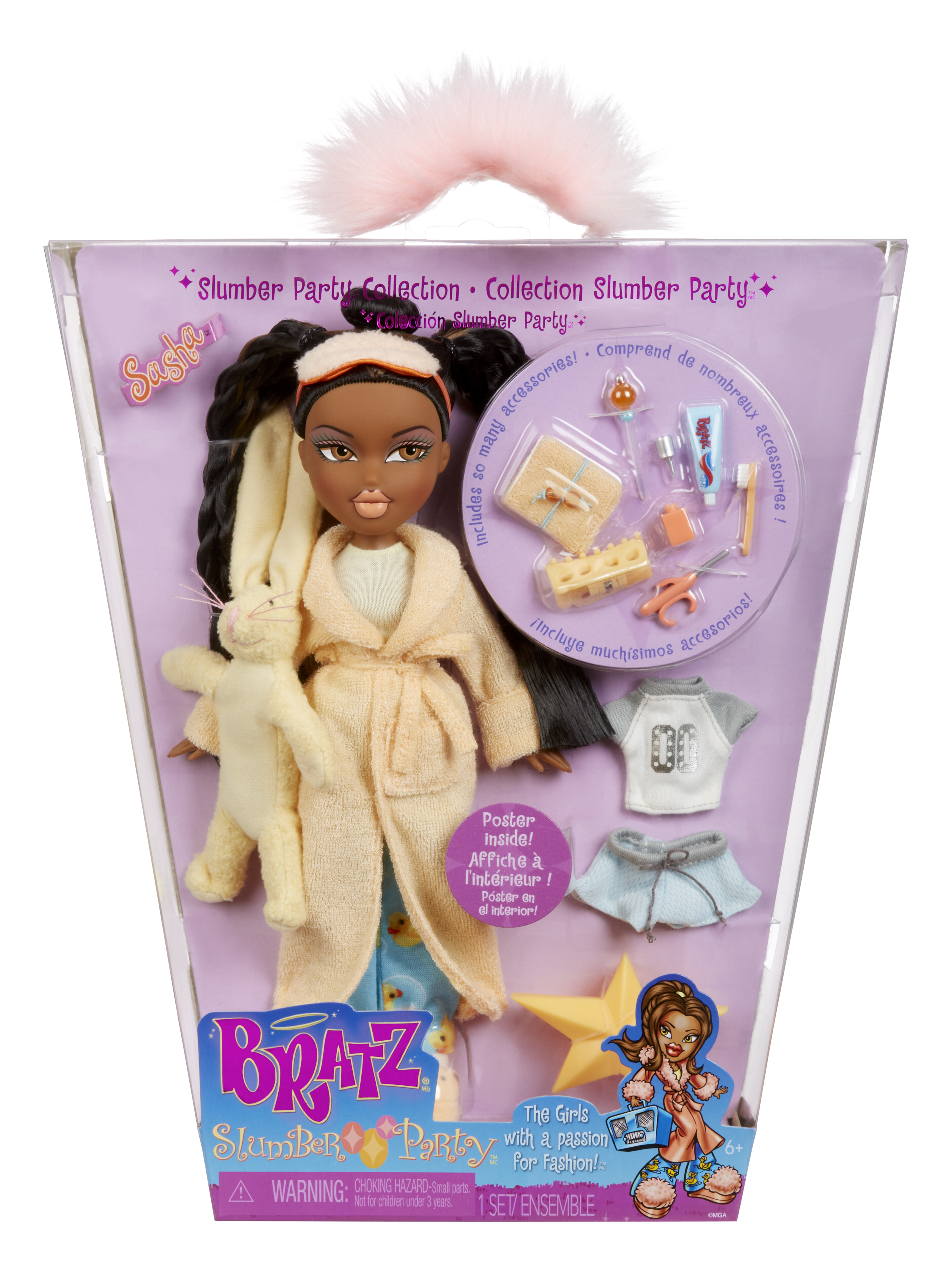 Bratz Slumber Party Sasha Fashion Doll with 2 Sets of Pajamas, Plush, and Accessories Bratz