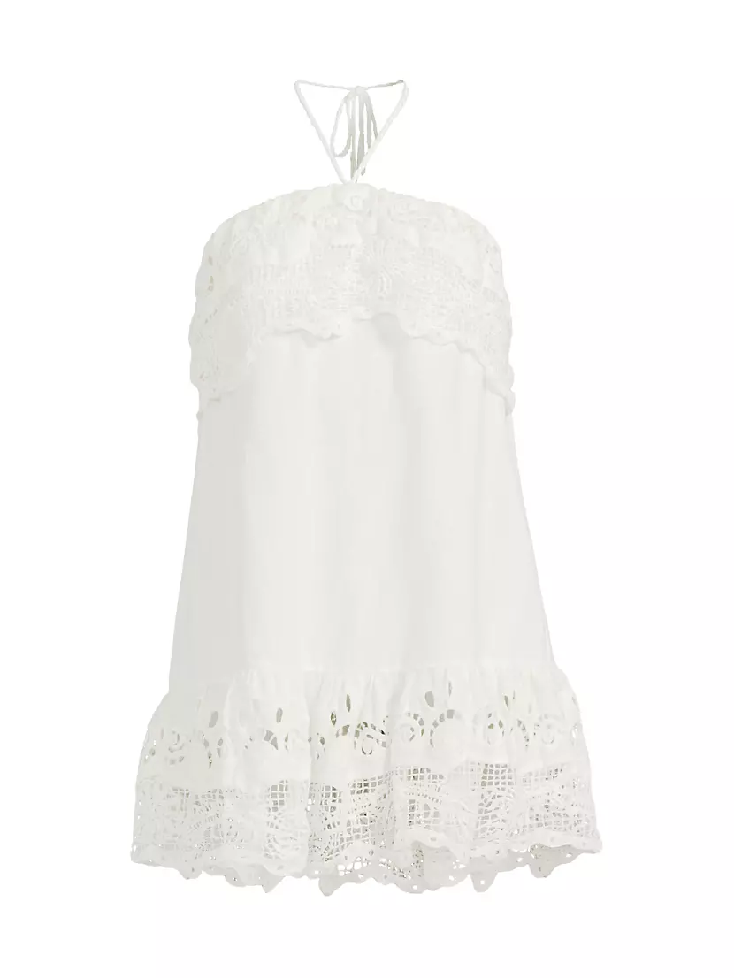 Женское Повседневное платье Farm Rio Guipure Lace Linen-Blend Halter Minidress Farm Rio