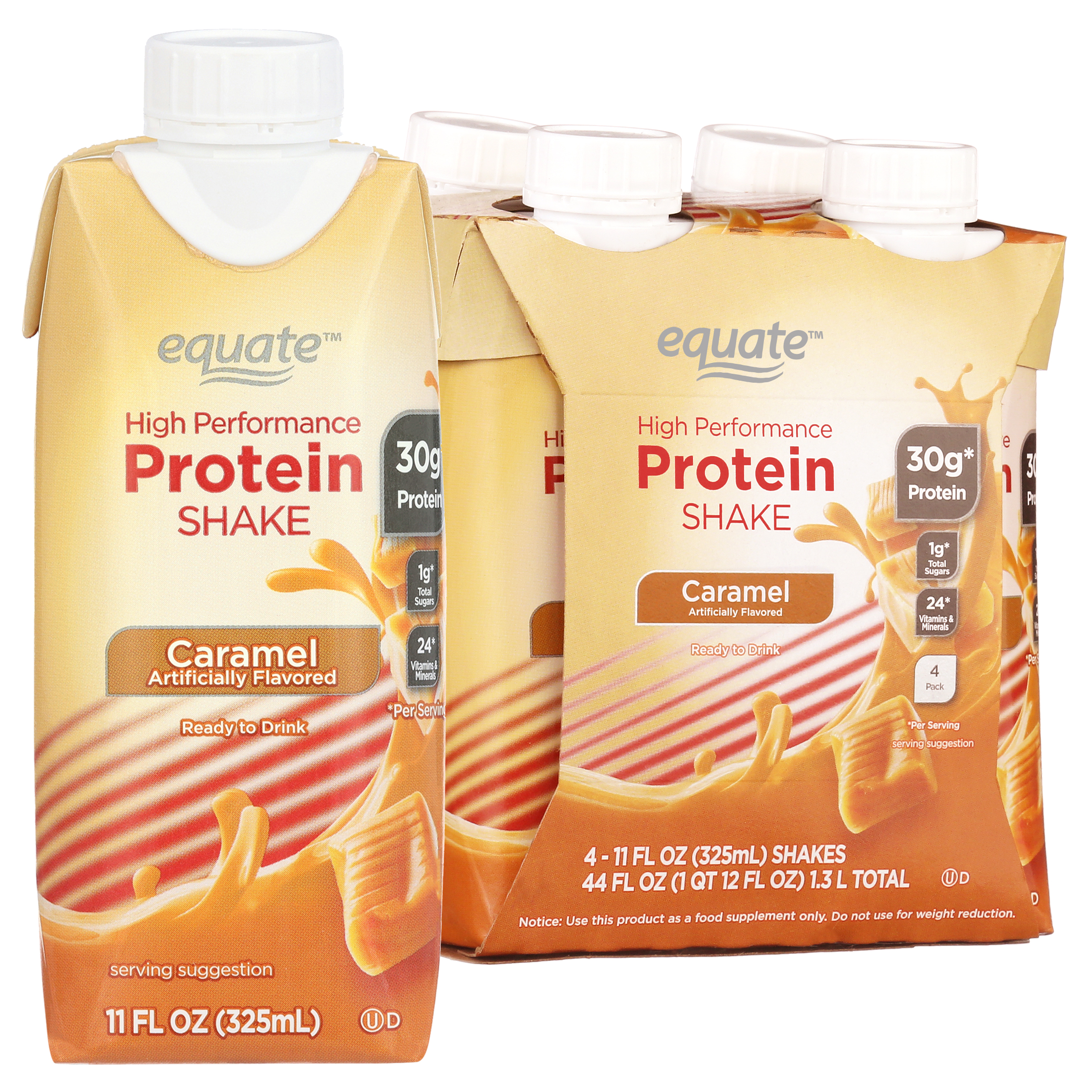 Equate High Performance Protein Shake, Caramel, 11 fl oz (Жидкие унции), 4 Ct Equate