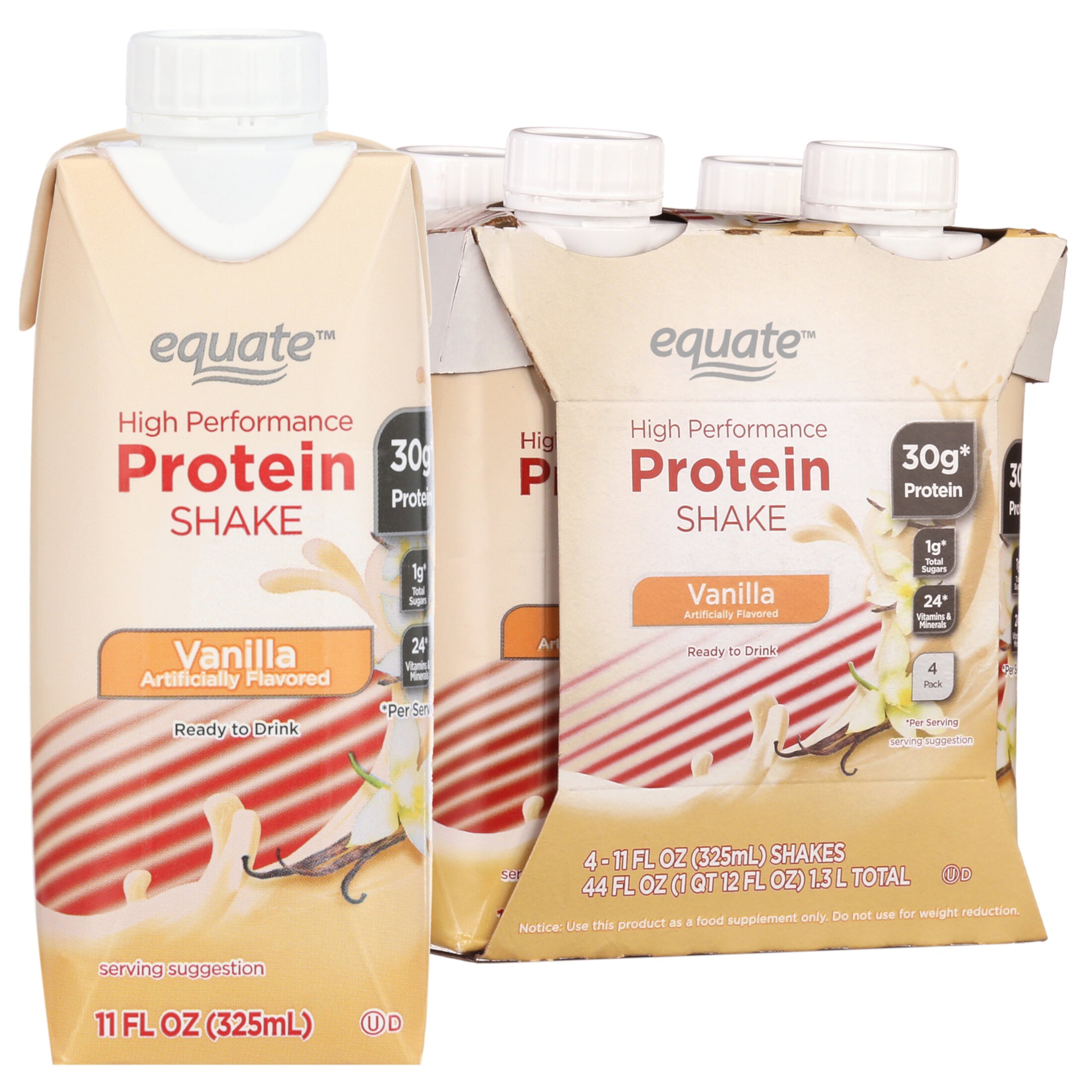 Equate High Performance Protein Shake, Vanilla, 30g Protein, 11 fl oz (Жидкие унции), 4 Ct Equate