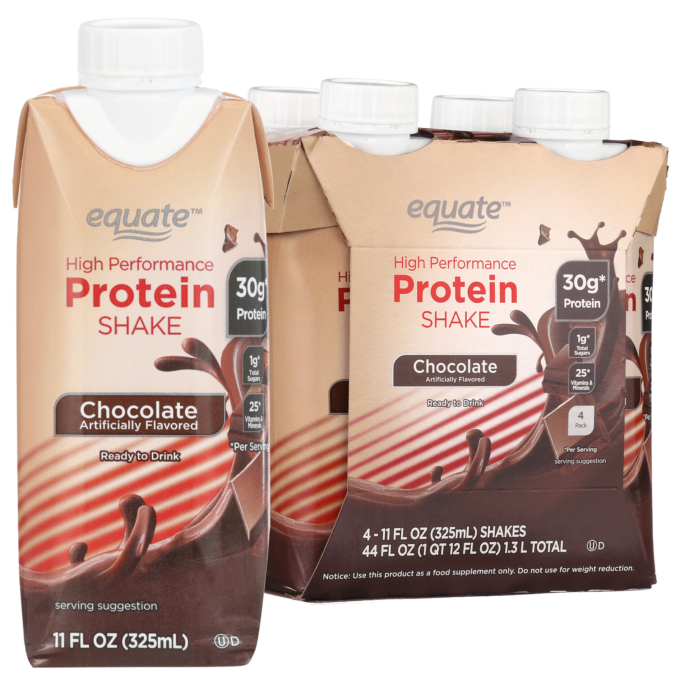 Equate High Performance Protein Nutrition Shake, Chocolate, 11 fl oz (Жидкие унции), 4 Ct Equate