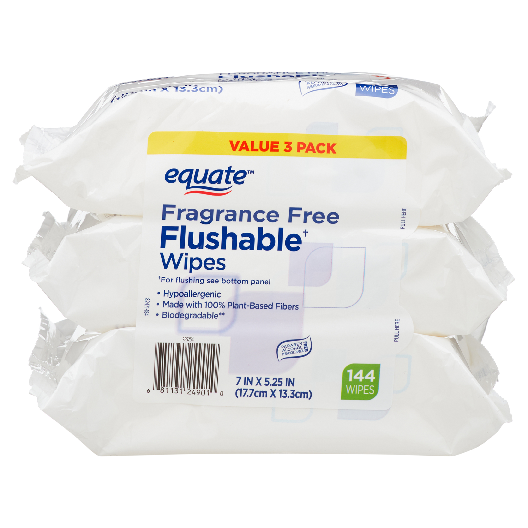 Equate Flushable Wipes, Fragrance Free, Value 3 Pack, 144 Total Wipes Equate