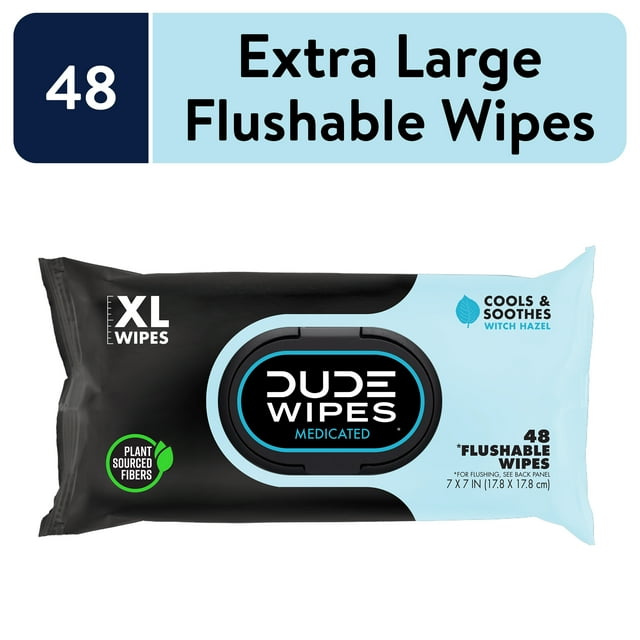 DUDE Wipes Flushable Wipes, Unscented XL Medicated Wet Wipes for Hemorrhoid Relief, 48 Ct DUDE