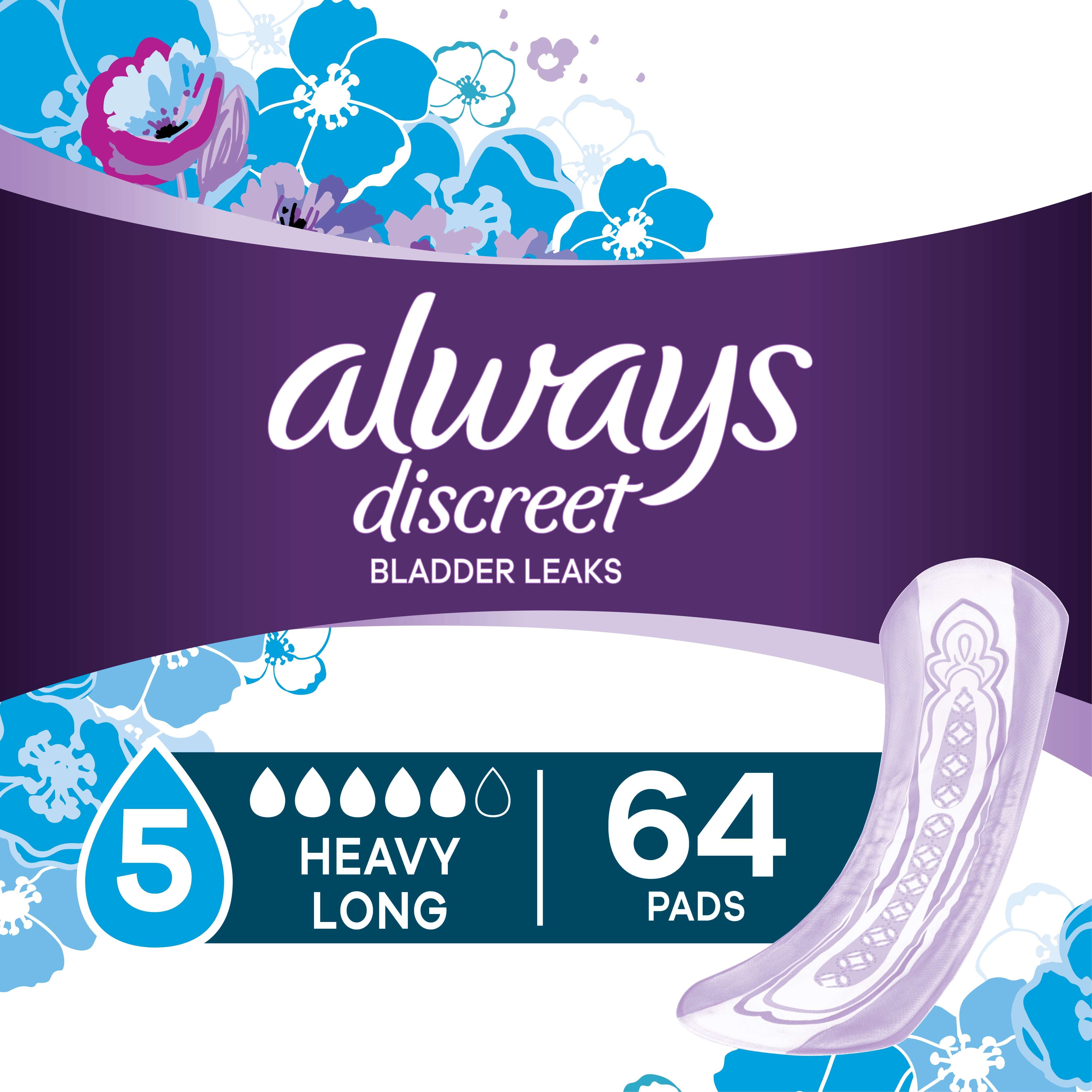 Always Discreet Incontinence Pads for Women, Heavy Absorbency, Long Length, 64 Count Always Discreet