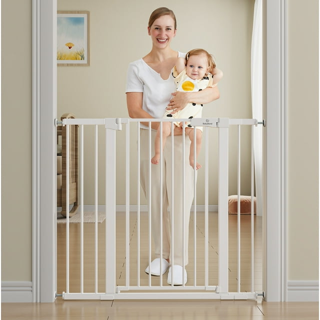 BabyBond 36" Extra Tall Dog Gates for Doorway and Stairs, Easy Step Baby Gate, Premium Cat/Pet Gate, Auto Close Safety Child Gates, with Extenders and Hardware/Pressure mounting Kit, White BabyBond