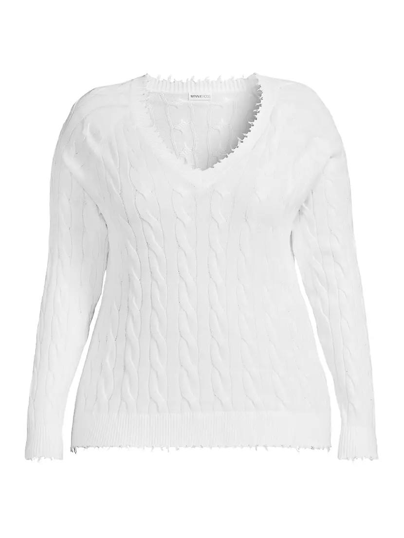 Женский Свитер Minnie Rose Frayed Cable-Knit V-Neck Minnie Rose