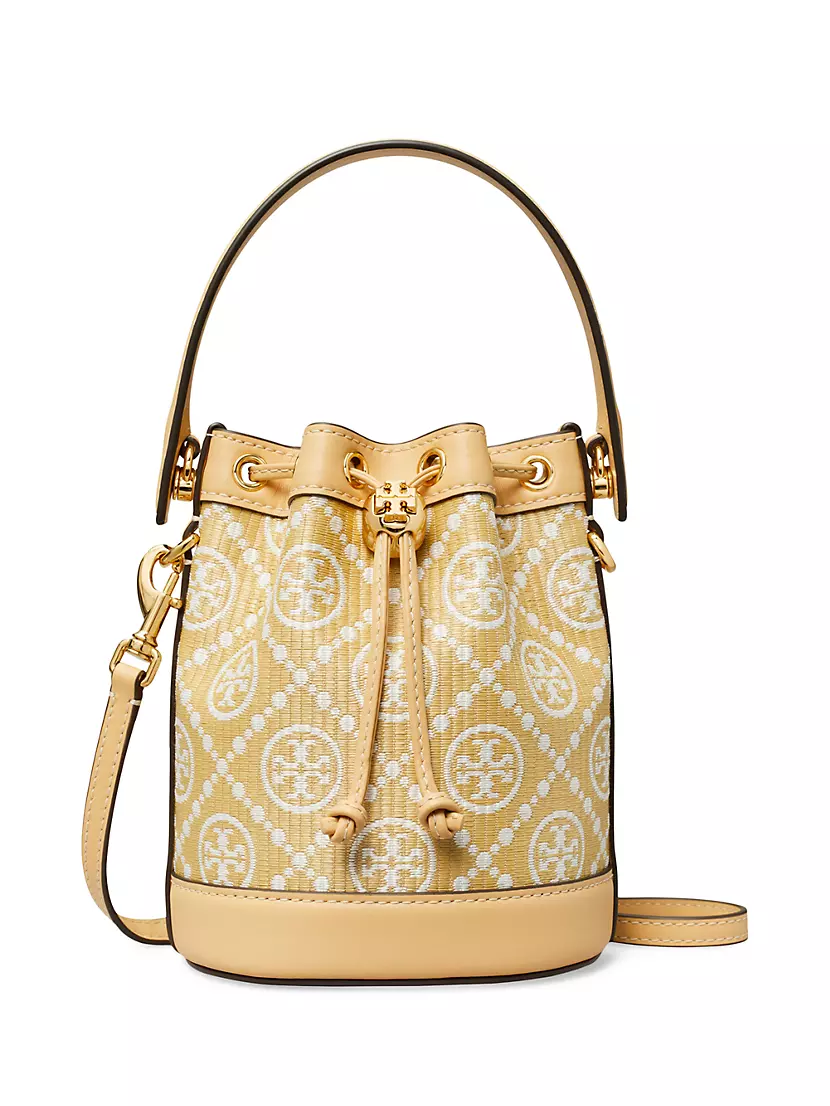 T Monogram Raffia Mini Bucket Bag Tory Burch