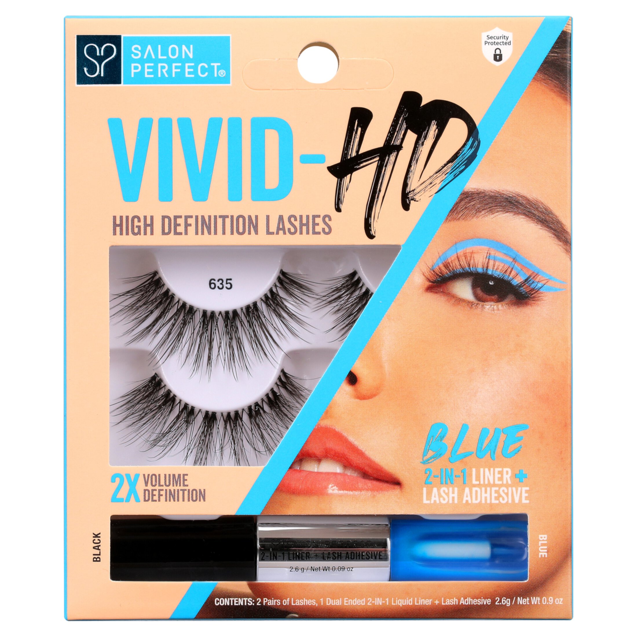 Salon Perfect Vivid-HD 635 Pestañas (2 Pares) y Doble Acabado 2-en-1 Liner Líquido + Adhesivo para Pestañas, Negro / Azul, 0.9 Oz Salon Perfect