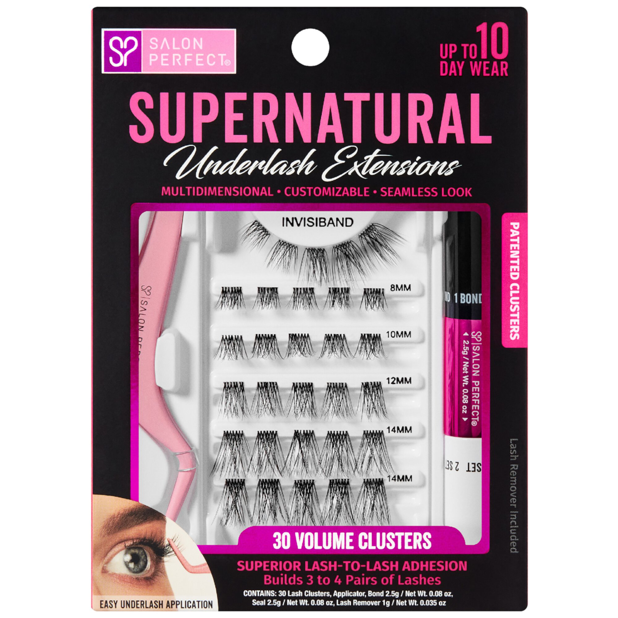 Salon Perfect Supernatural False Underlash Extensions Starter Kit, Fake Eyelashes, Contains 30 Lash Clusters, Applicator, Bond & Seal, and Lash Remover Salon Perfect