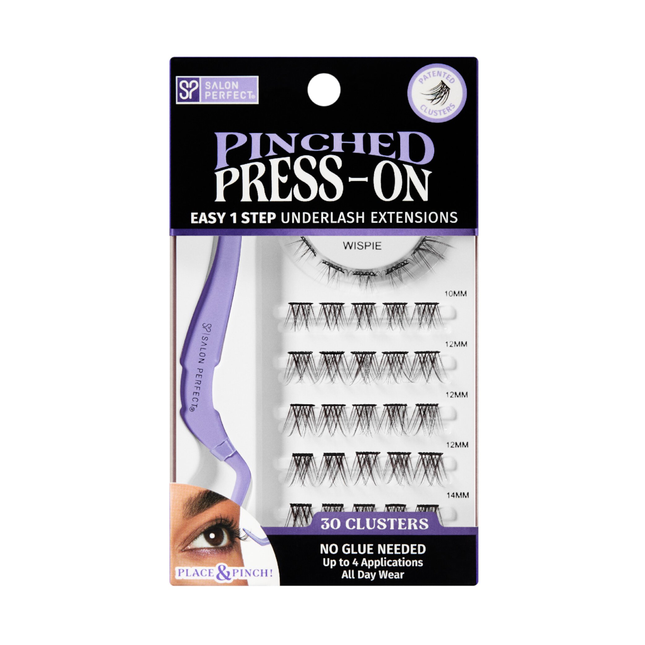 Salon Perfect Pinched Press On False 1-Step Underlash Extensions Starter Kit, Pre-Glued Wispie Fake Eyelashes, 10mm - 14mm Length, 30 Lash Clusters Salon Perfect