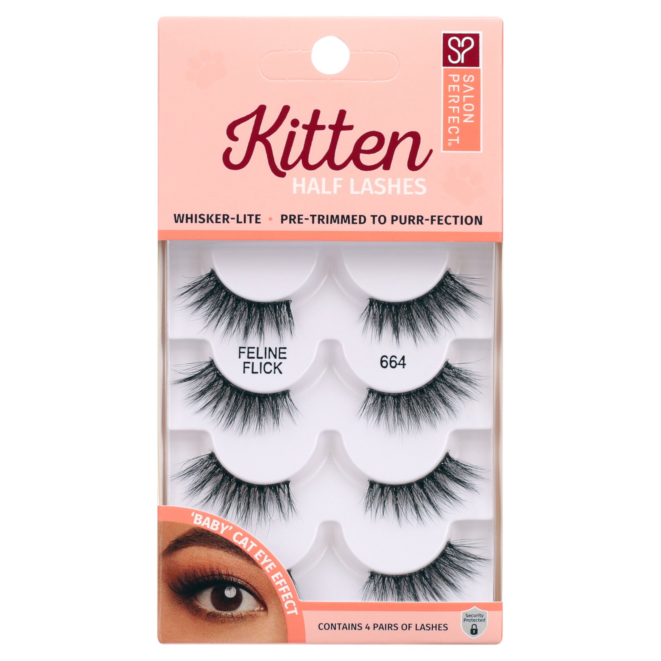 Salon Perfect Kitten Half False Eyelashes, Cat Eye Effect, Natural Looking Fake Lashes, 664, 4 Pairs Salon Perfect