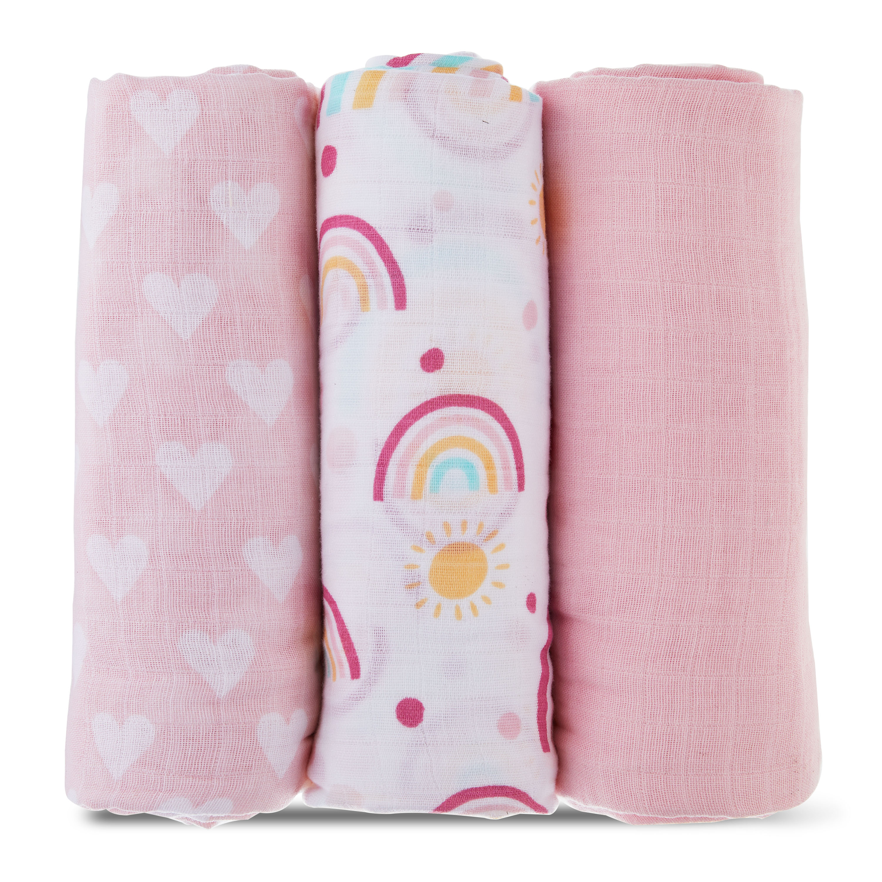 Parent's Choice Muslin Extra Large Swaddle 3-Pack, Rainbow, Pink & White, Infant Girl Parent's Choice