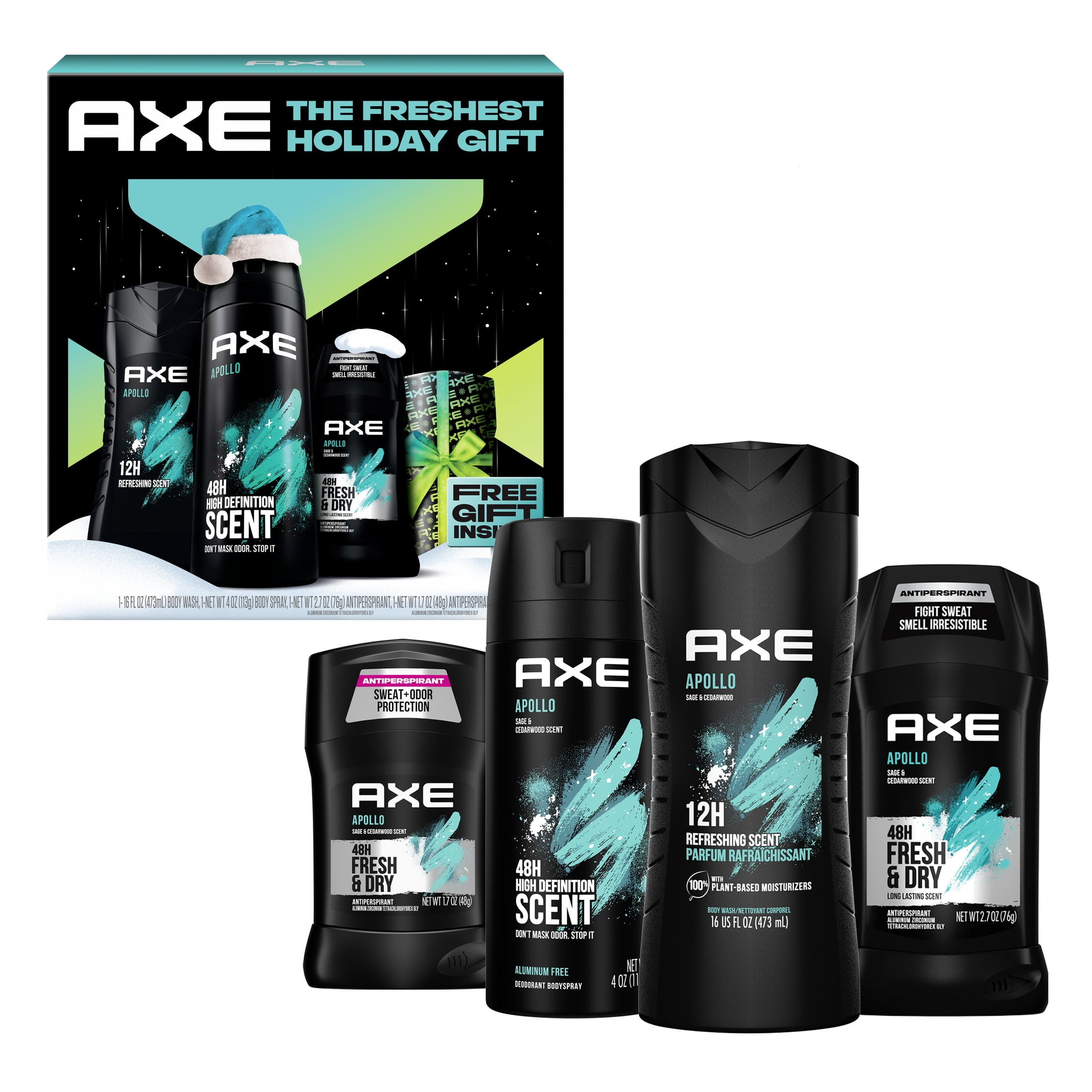 Axe Gift Set Body Wash Deodorant Spray Antiperspirant Deodorant Stick Apollo Sage Cedarwood, 4 Count Axe