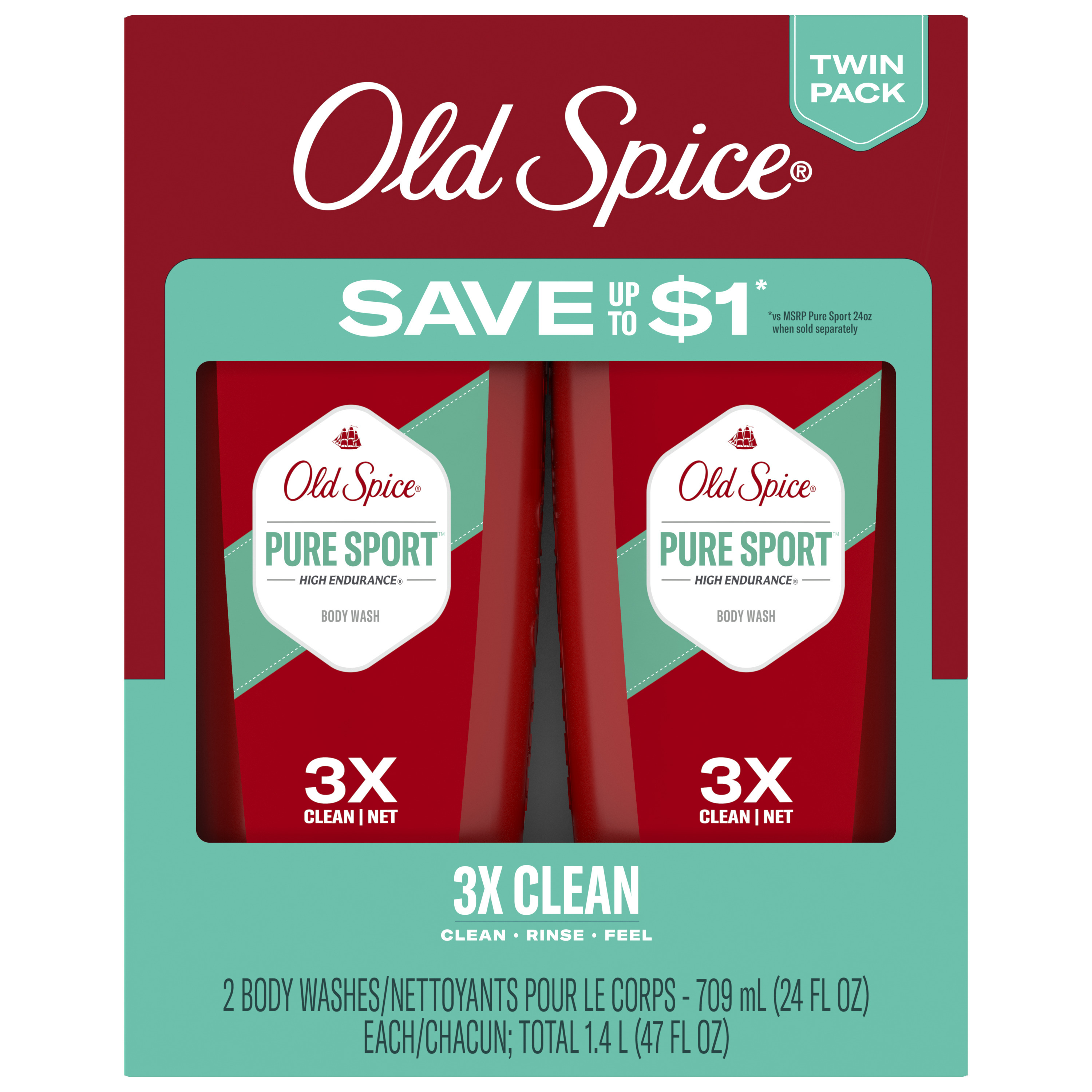 Old Spice High Endurance Body Wash for Men, Pure Sport Scent, 24 fl oz, Pack of 2 Old Spice