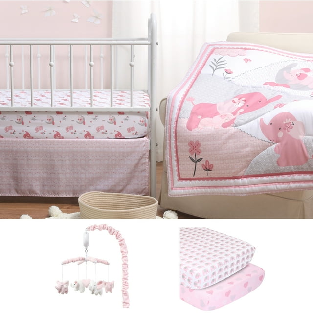 The Peanutshell Pink Elephant Crib Bedding Set for Baby Girls, 3 Piece Nursery Set The Peanutshell