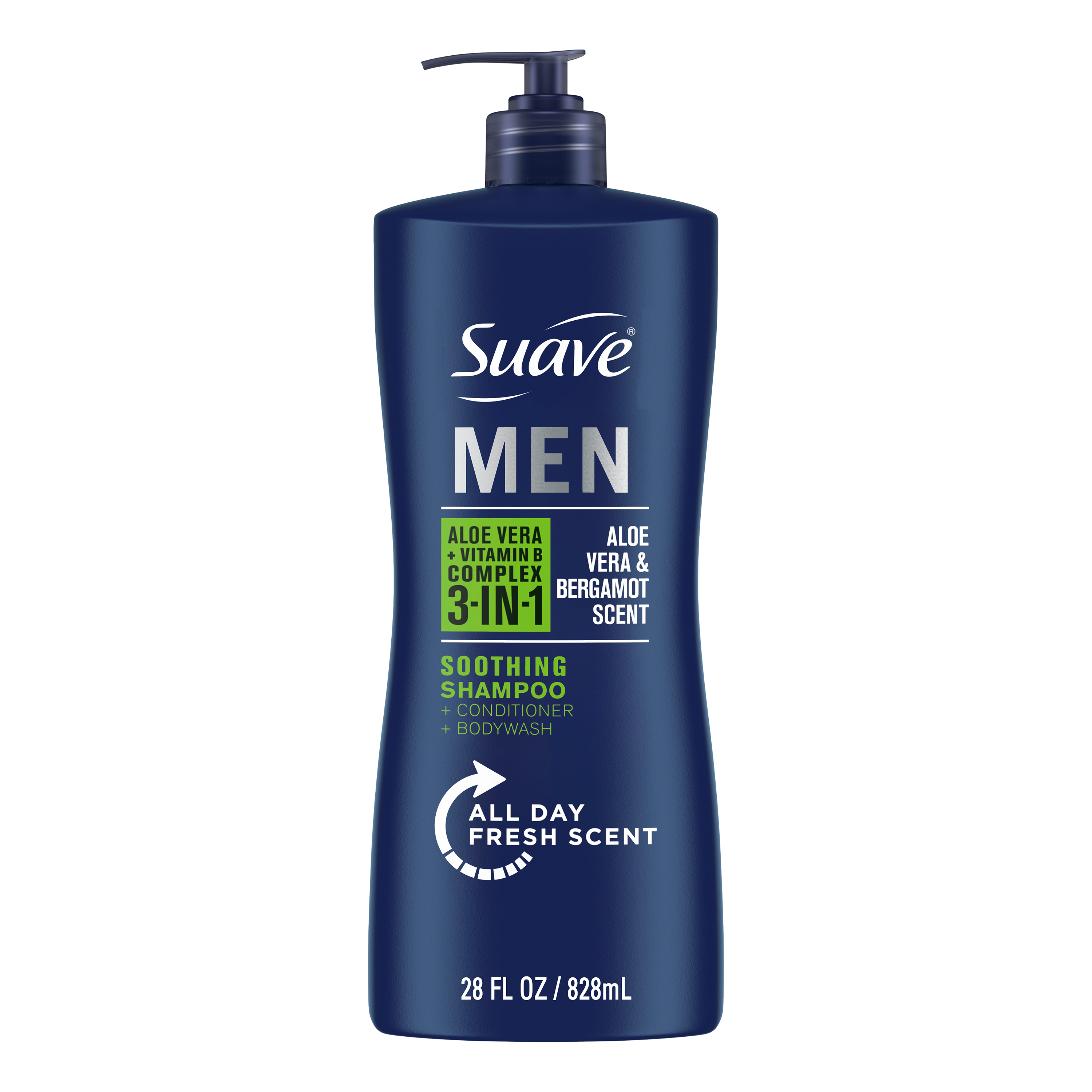 Suave Men 3-in-1 Shampoo, Conditioner & Body Wash, Soothing, Aloe Vera, Bergamot & Vitamin B7, 28 fl oz Suave