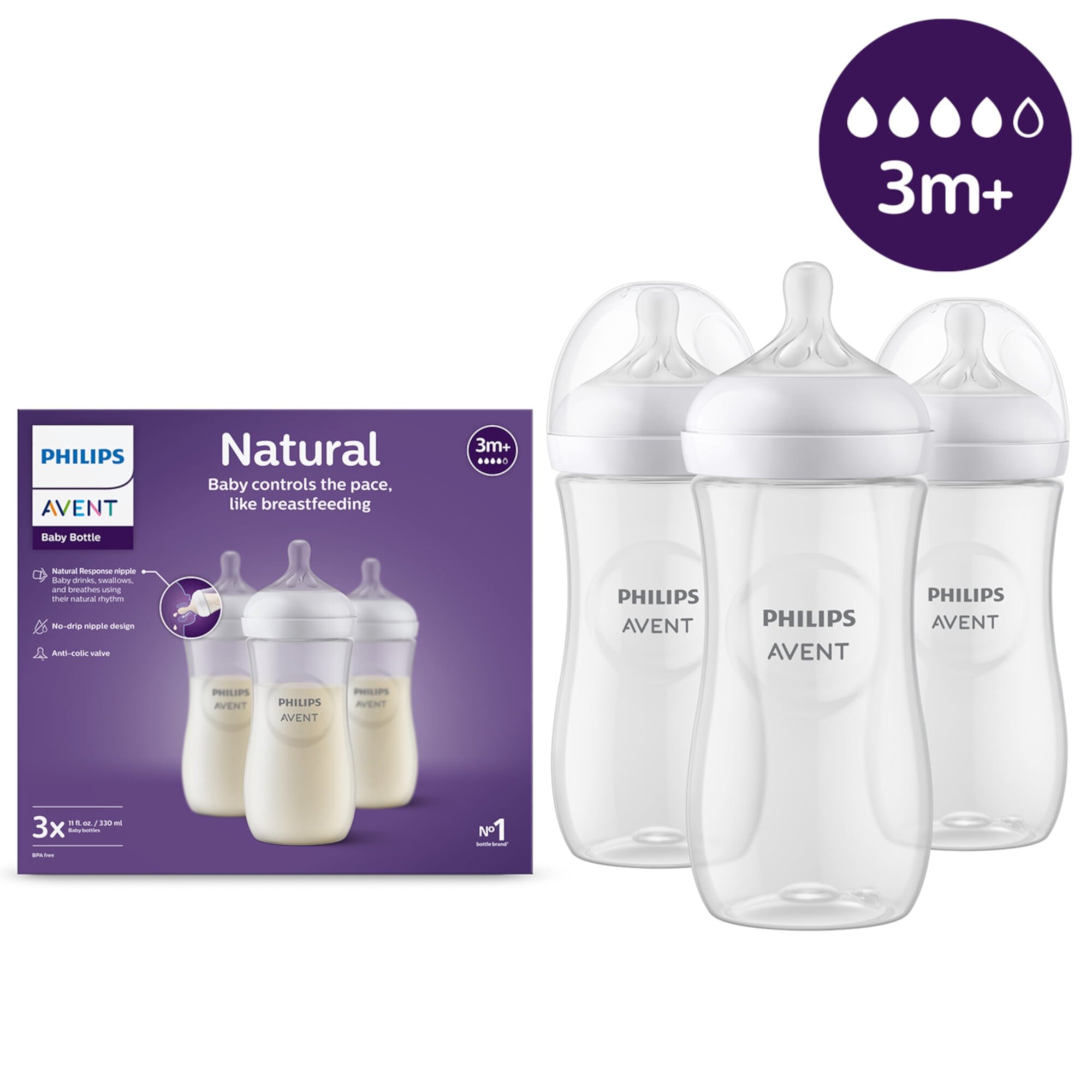 (2 pack) Philips Avent Natural Baby Bottle with Natural Response Nipple, Clear, 11oz, 3pk, SCY906/93 Avent