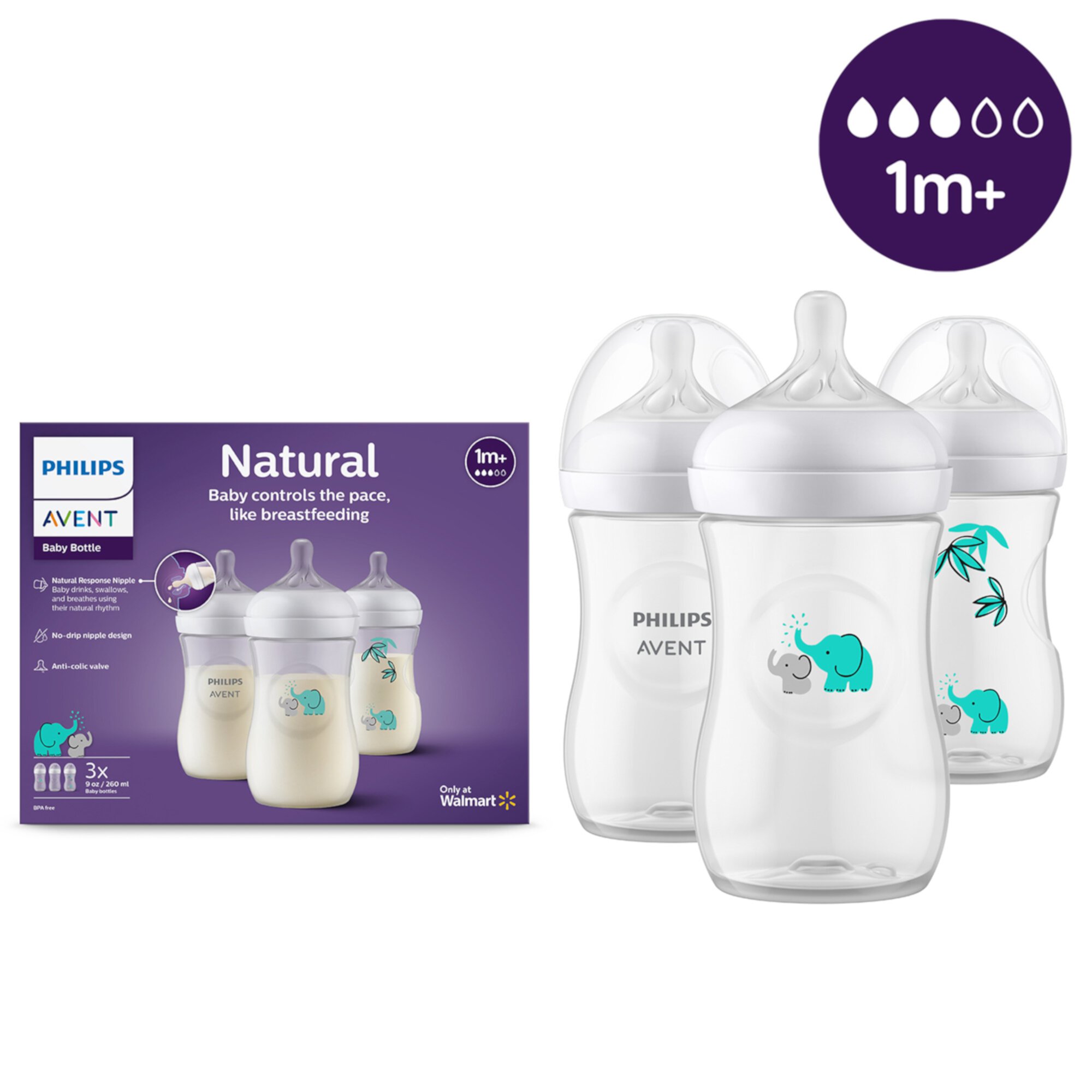 (2 pack) Philips Avent Natural Baby Bottle with Natural Response Nipple, with Teal Elephant Design, 9oz, 3pk, SCY903/69 Philips Avent