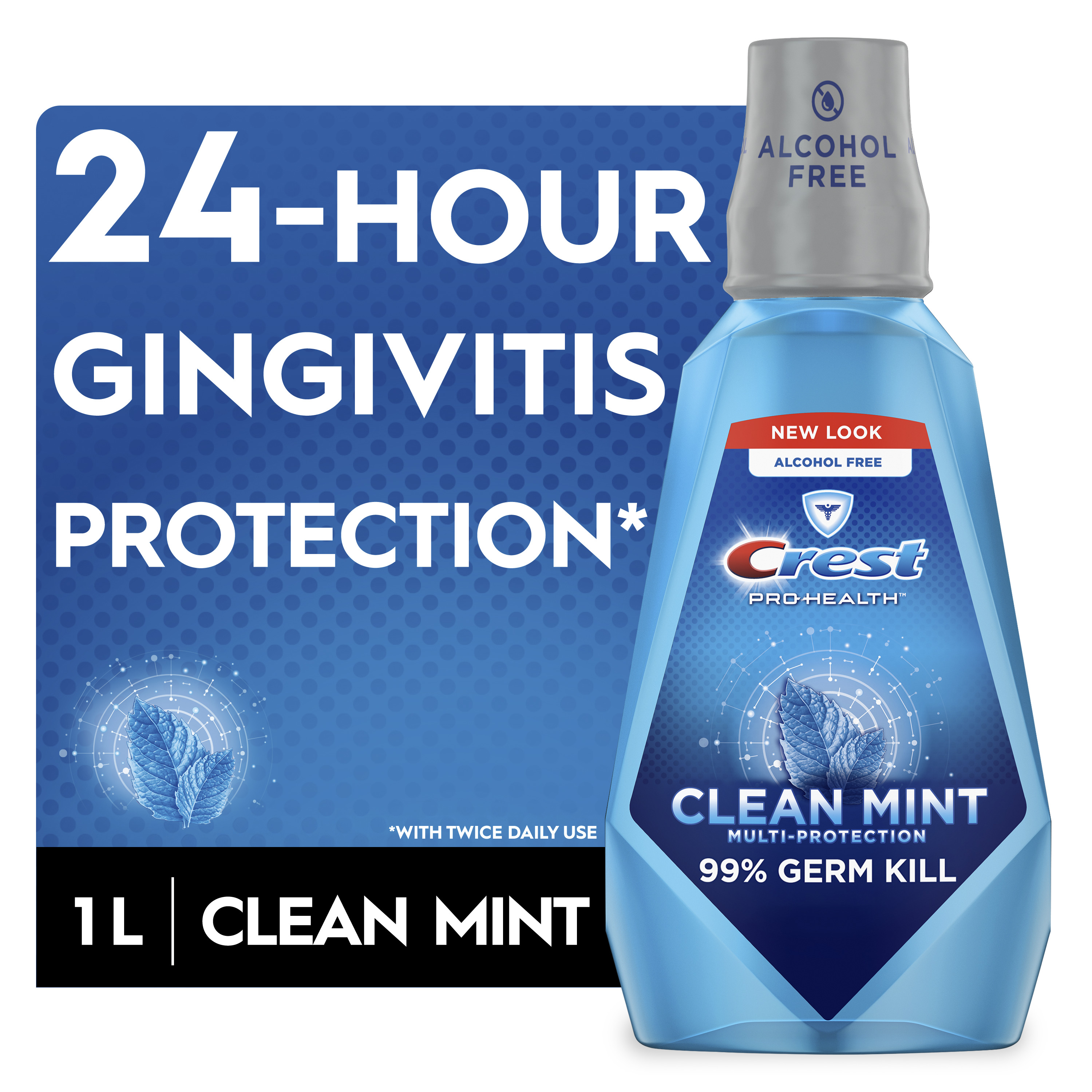 Crest Pro Health Multi-Protection Mouthwash, Clean Mint, 1 L, Fights Gingivitis & Plaque, Alcohol Free Crest