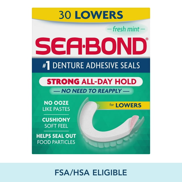 Sea Bond Secure Denture Adhesive Seals, For an All Day Strong Hold, 30 Mint Flavor Seals for Lower Dentures (4 Pack) Sea-Bond