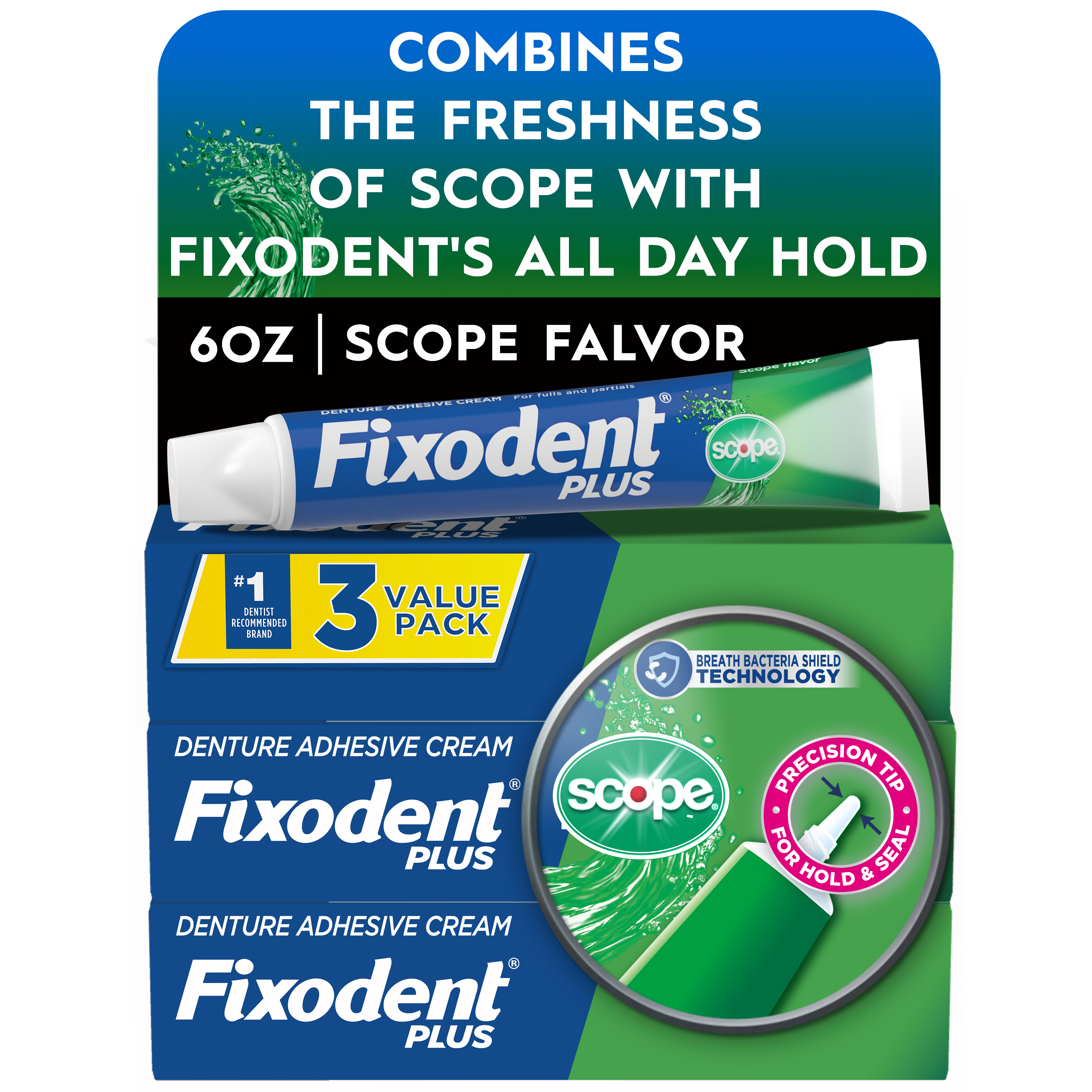 Fixodent Plus Scope Denture Adhesive, Precision Hold, 2 oz, 3 Pack Fixodent