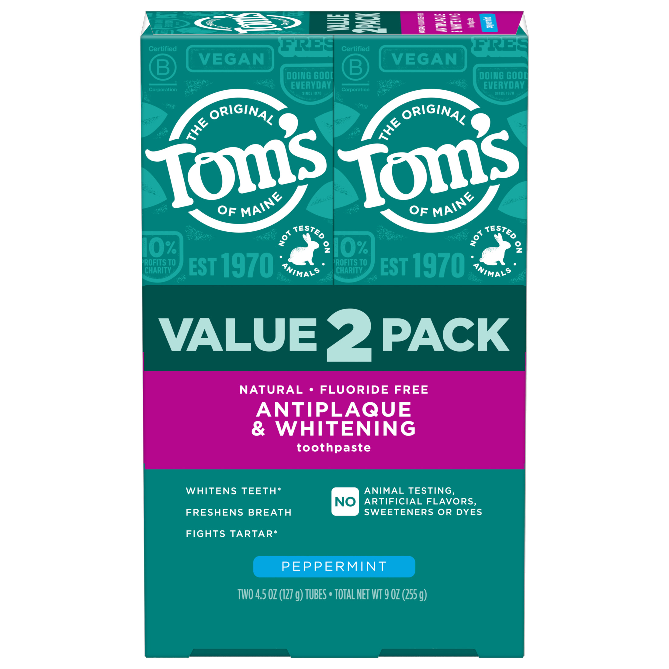 Tom’s of Maine Antiplaque and Whitening Fluoride Free Toothpaste, Peppermint, 2 Pack, 4.5 Oz Tom's of Maine