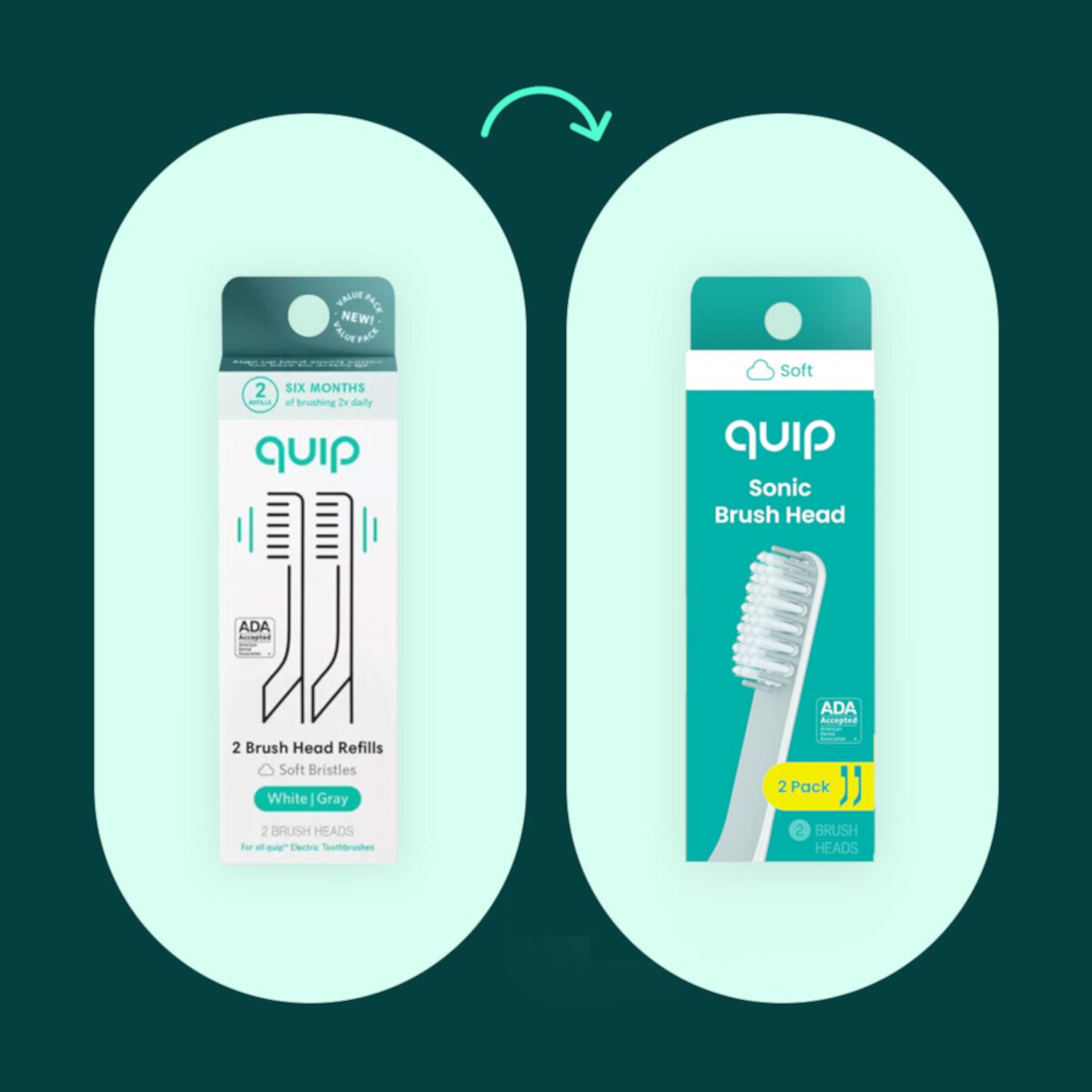 Quip Adult Electric Toothbrush Replacement Brush FullHead, Soft Bristles, Gum Care, 2 Pack Quip